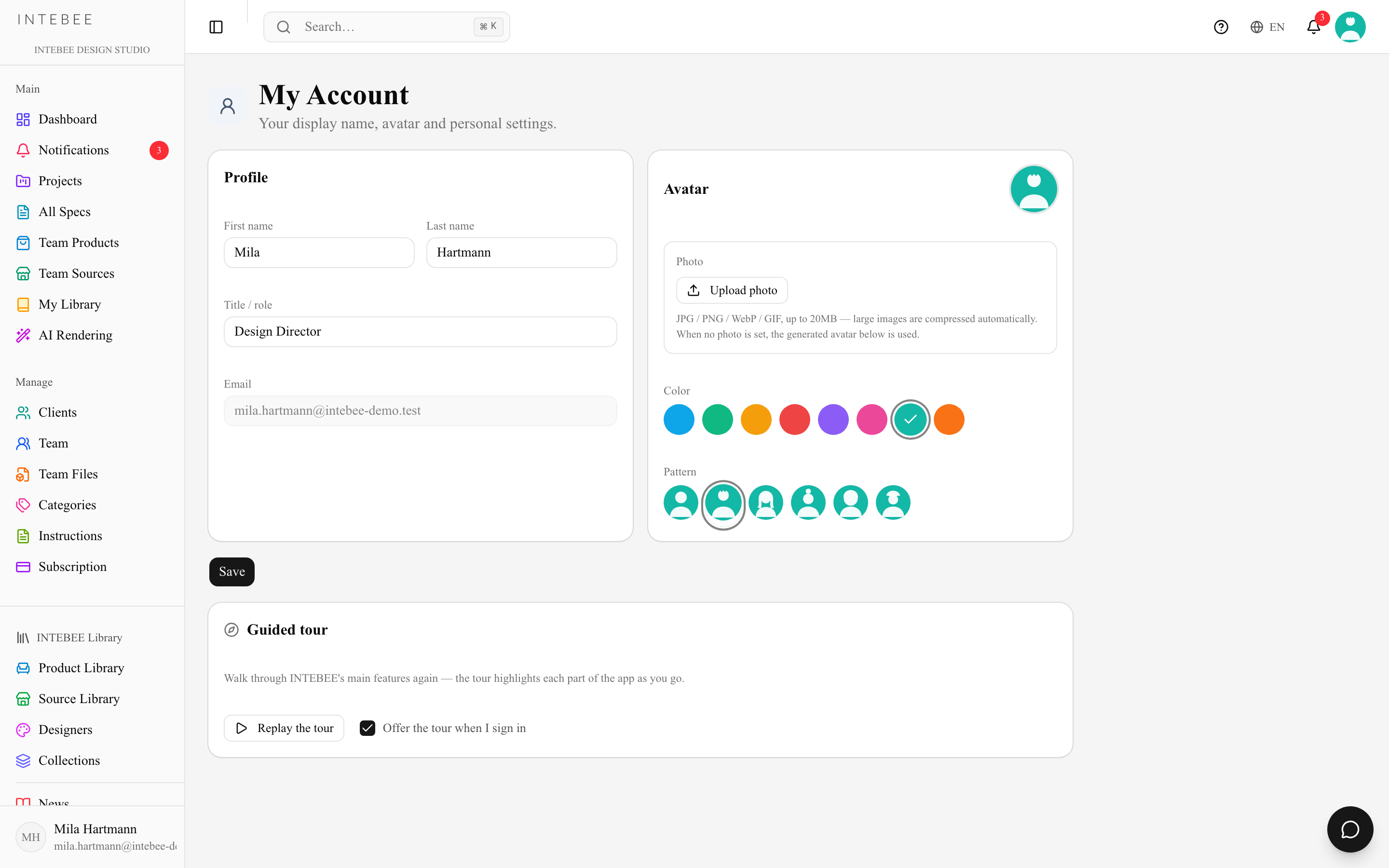 „Mein Konto“ mit Anzeigename und Avatar
