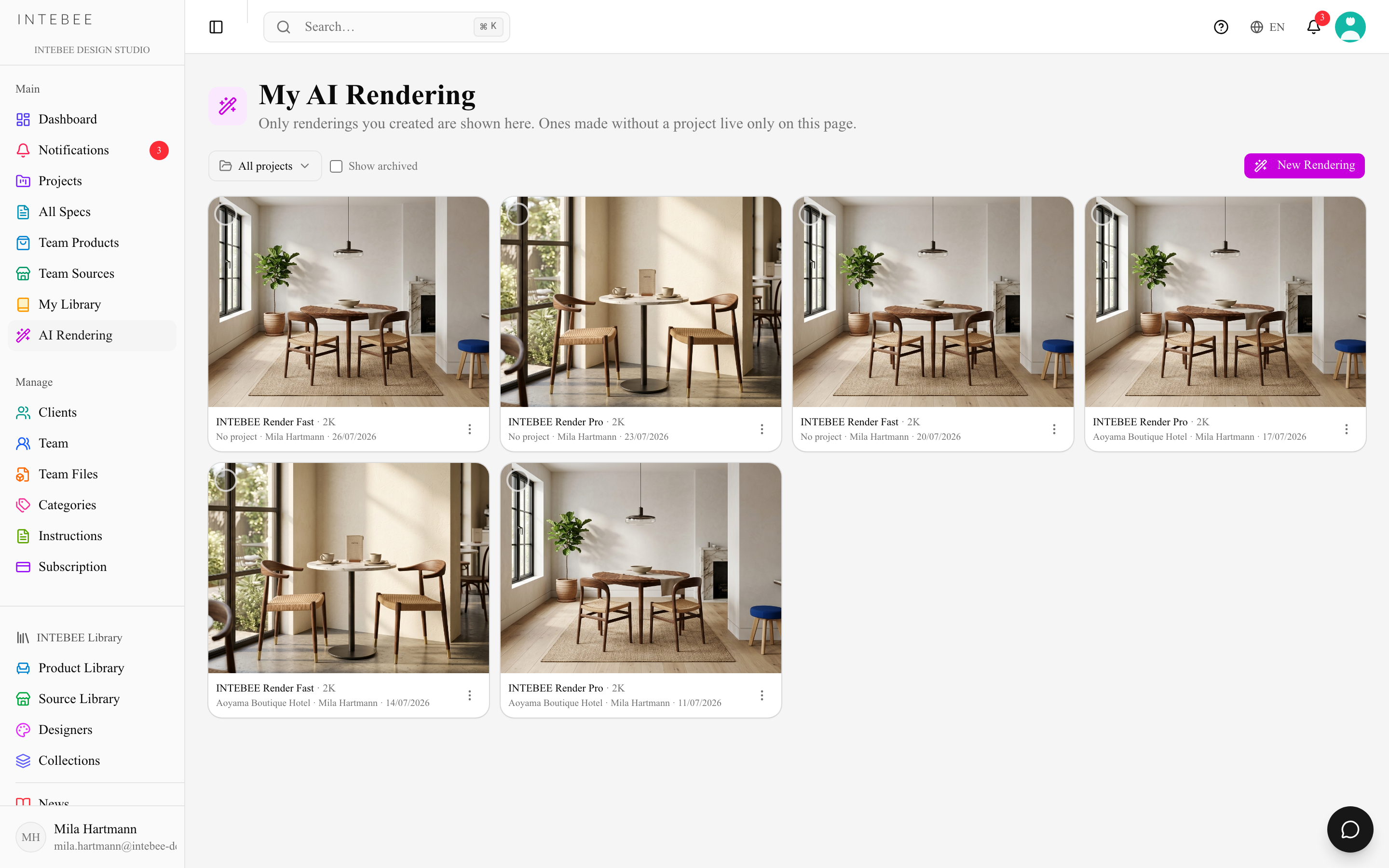 The AI Rendering gallery filtered and in selection mode