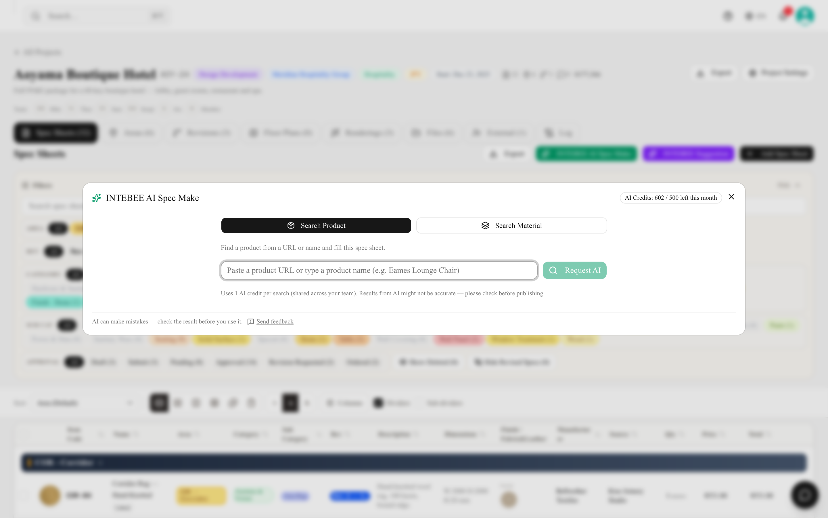 An AI dialog showing the credit cost and the remaining balance inline