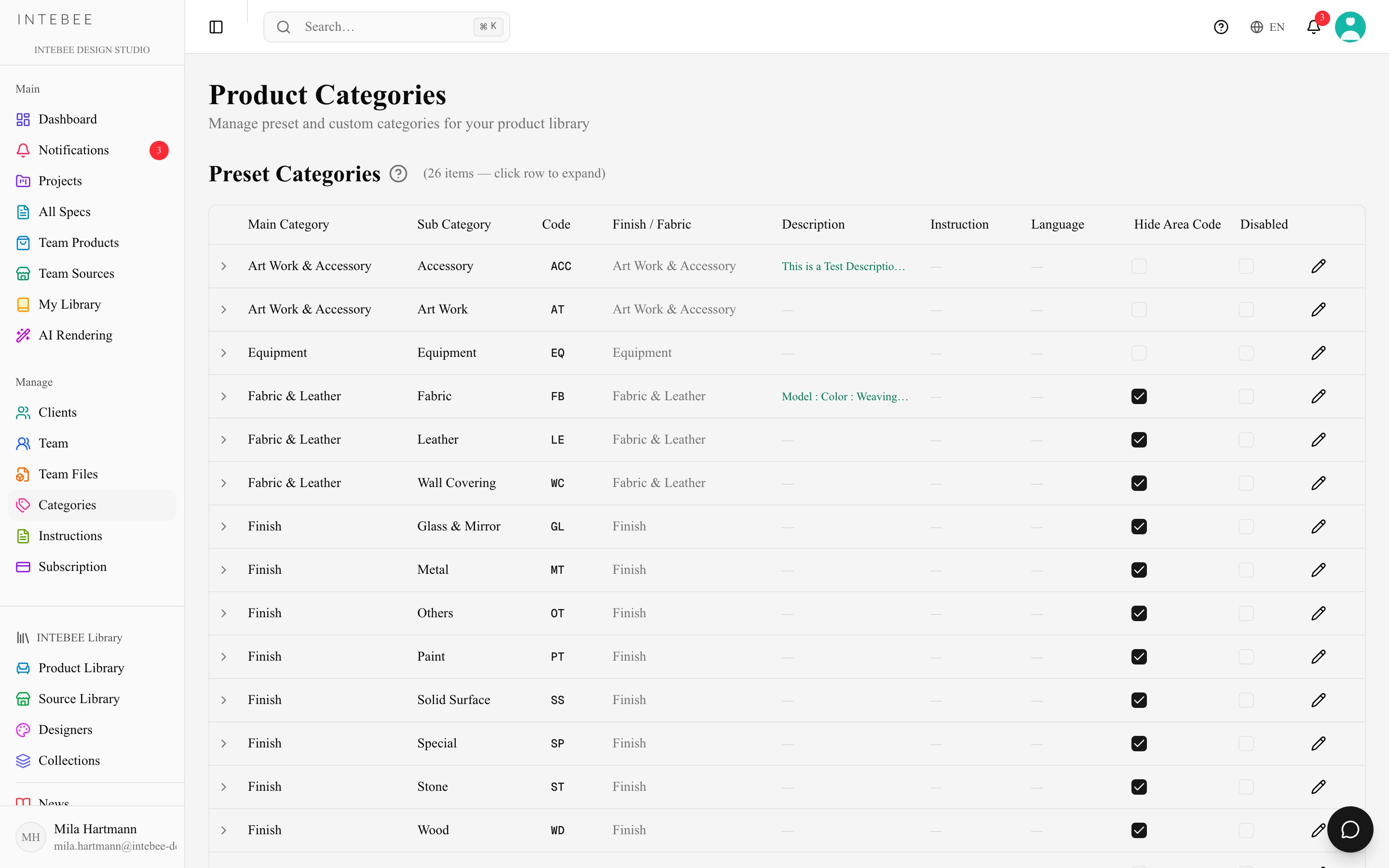The category management screen with its preset and custom categories