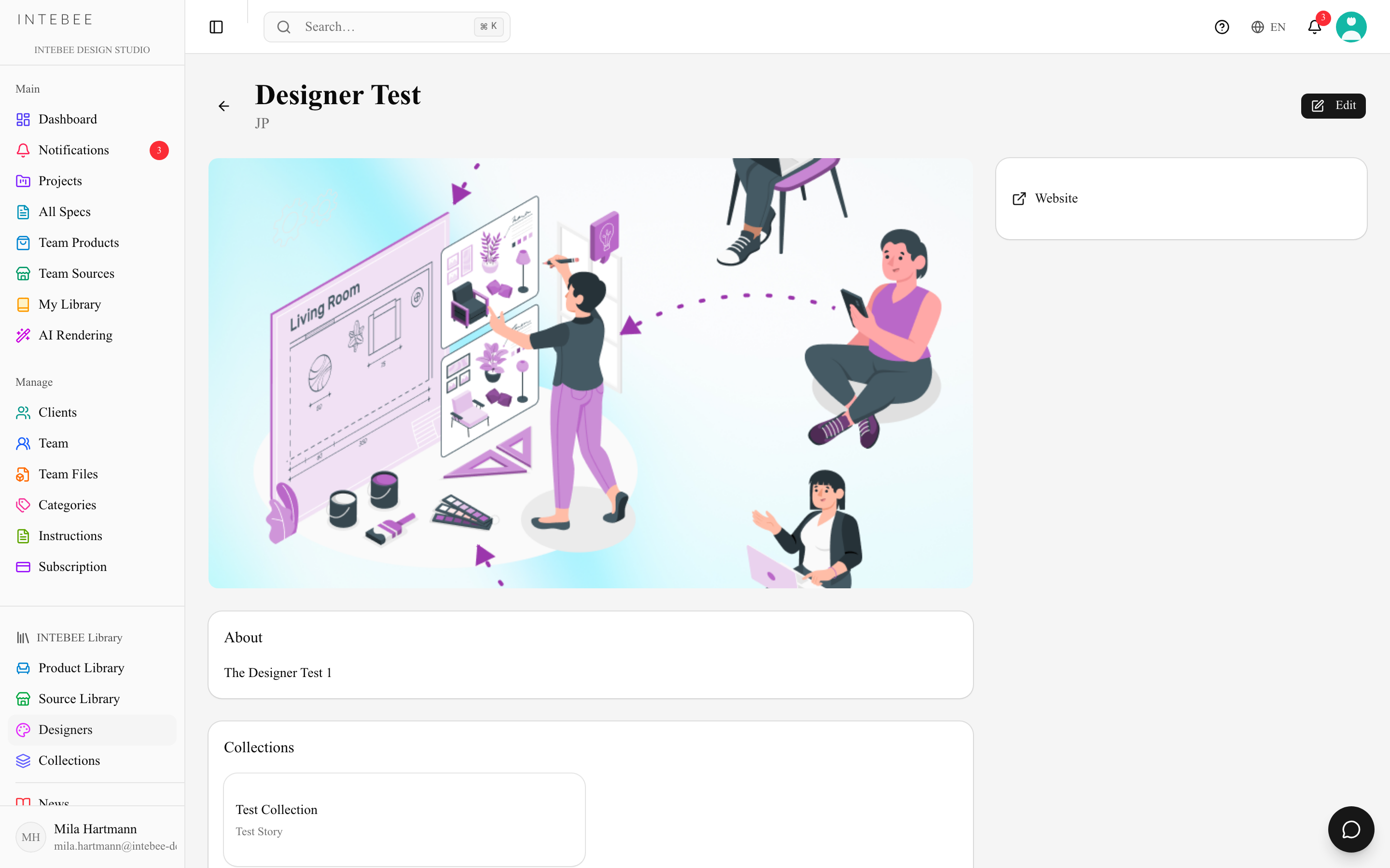 A designer profile with biography and attributed products