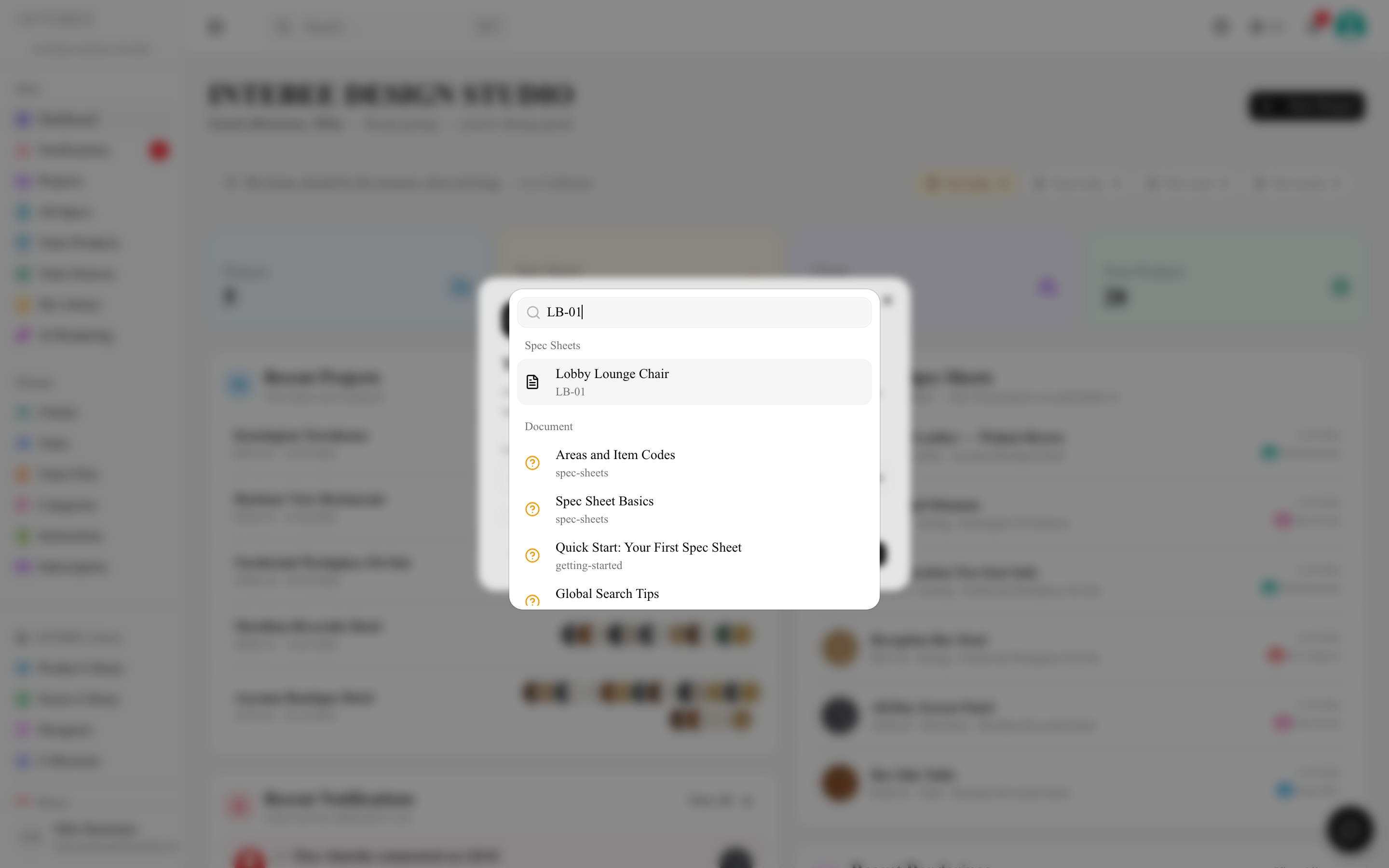 Searching by item code jumps straight to the matching spec sheet