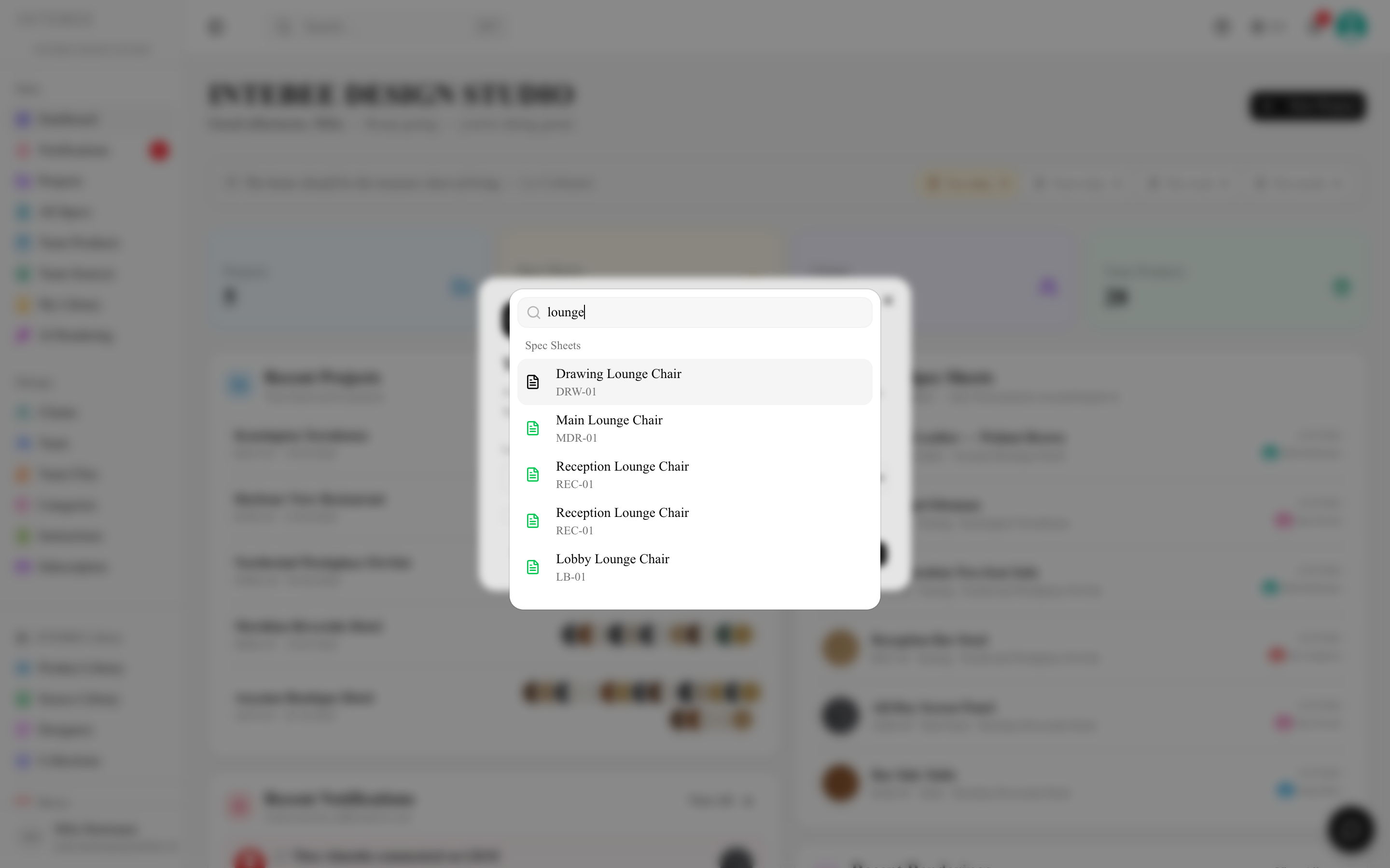 The ⌘K global search palette with results grouped by type