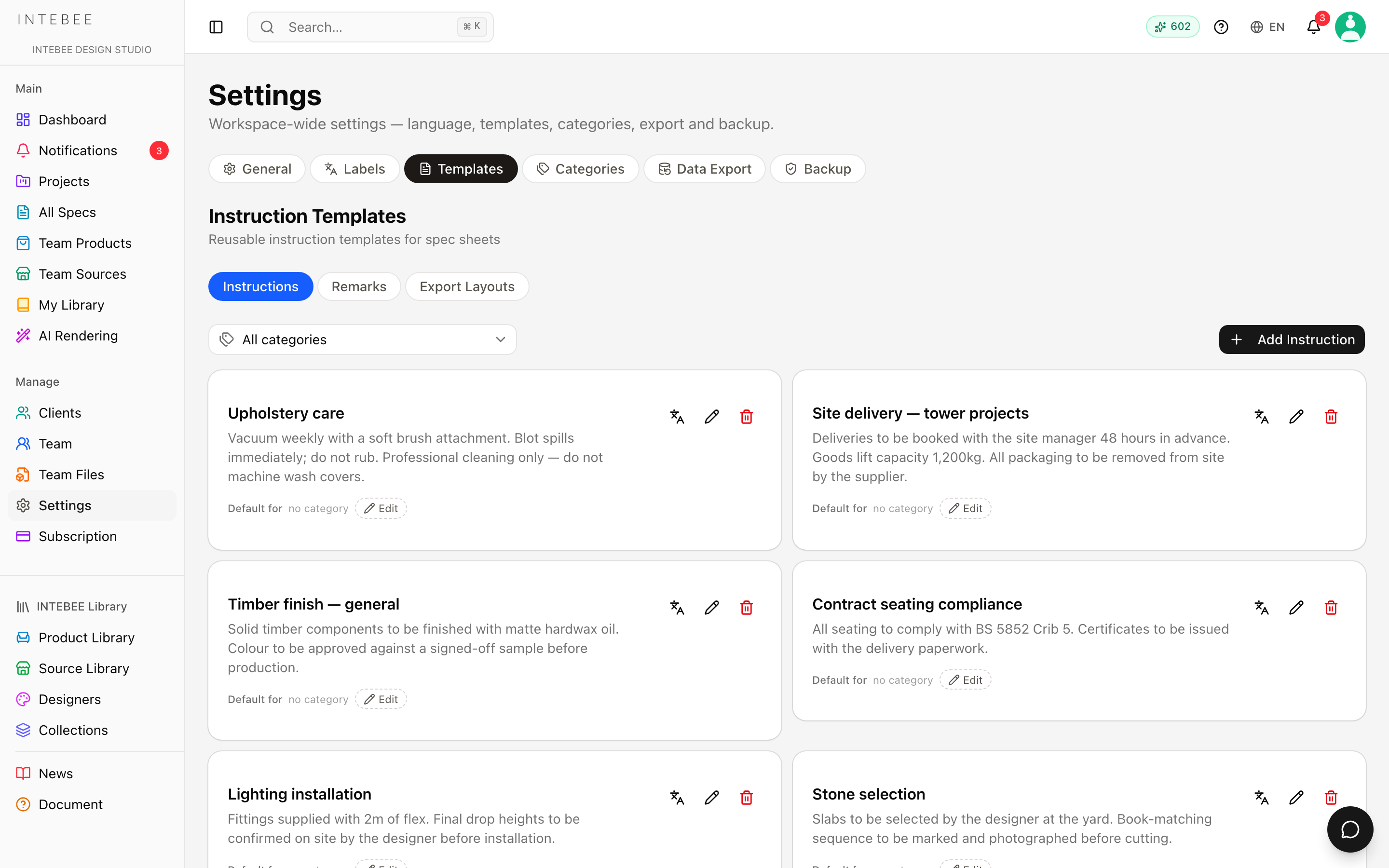 The Templates section of Settings, listing reusable instruction templates