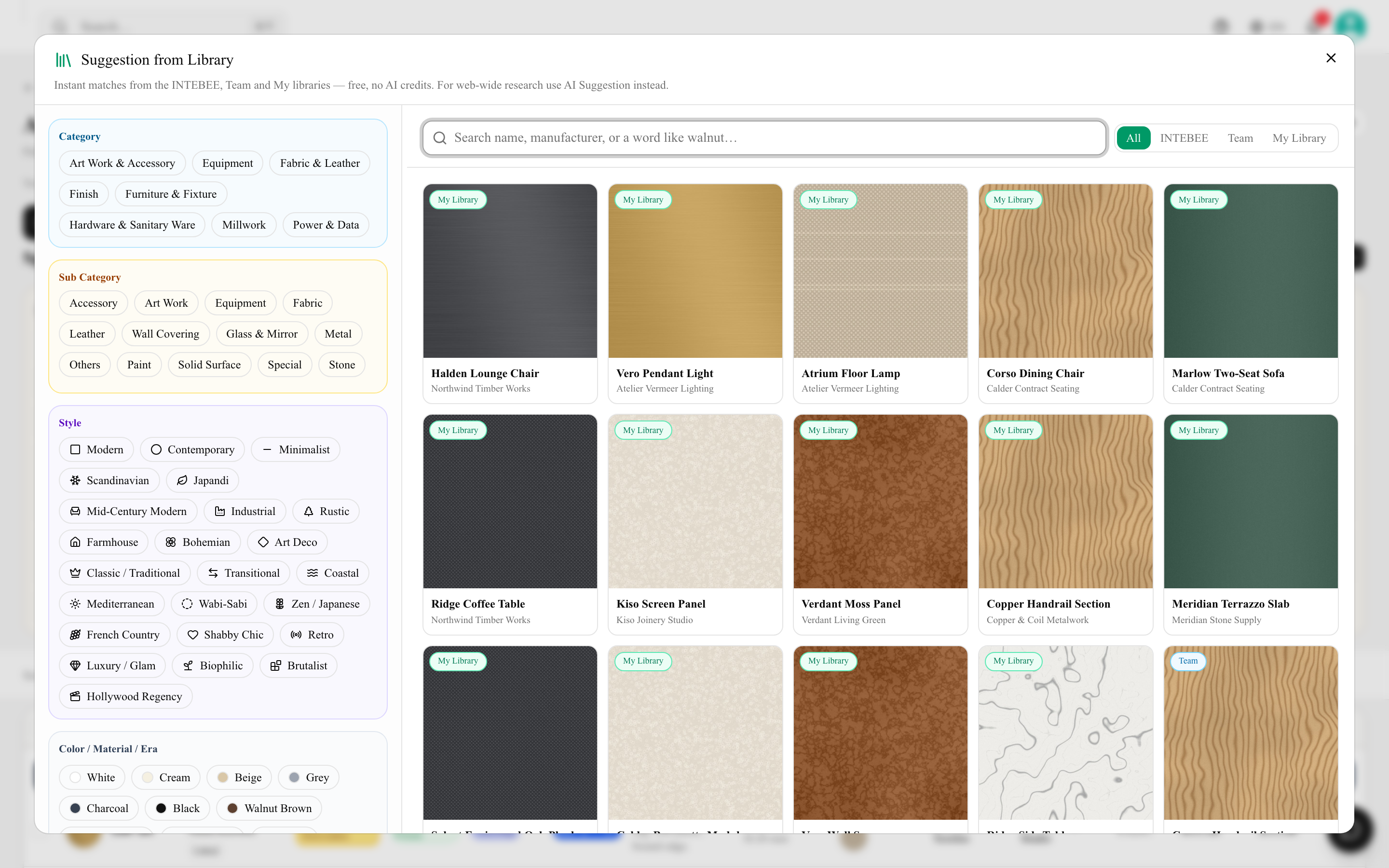 El diálogo de Sugerencia desde la biblioteca con los filtros de estilo, color y material
