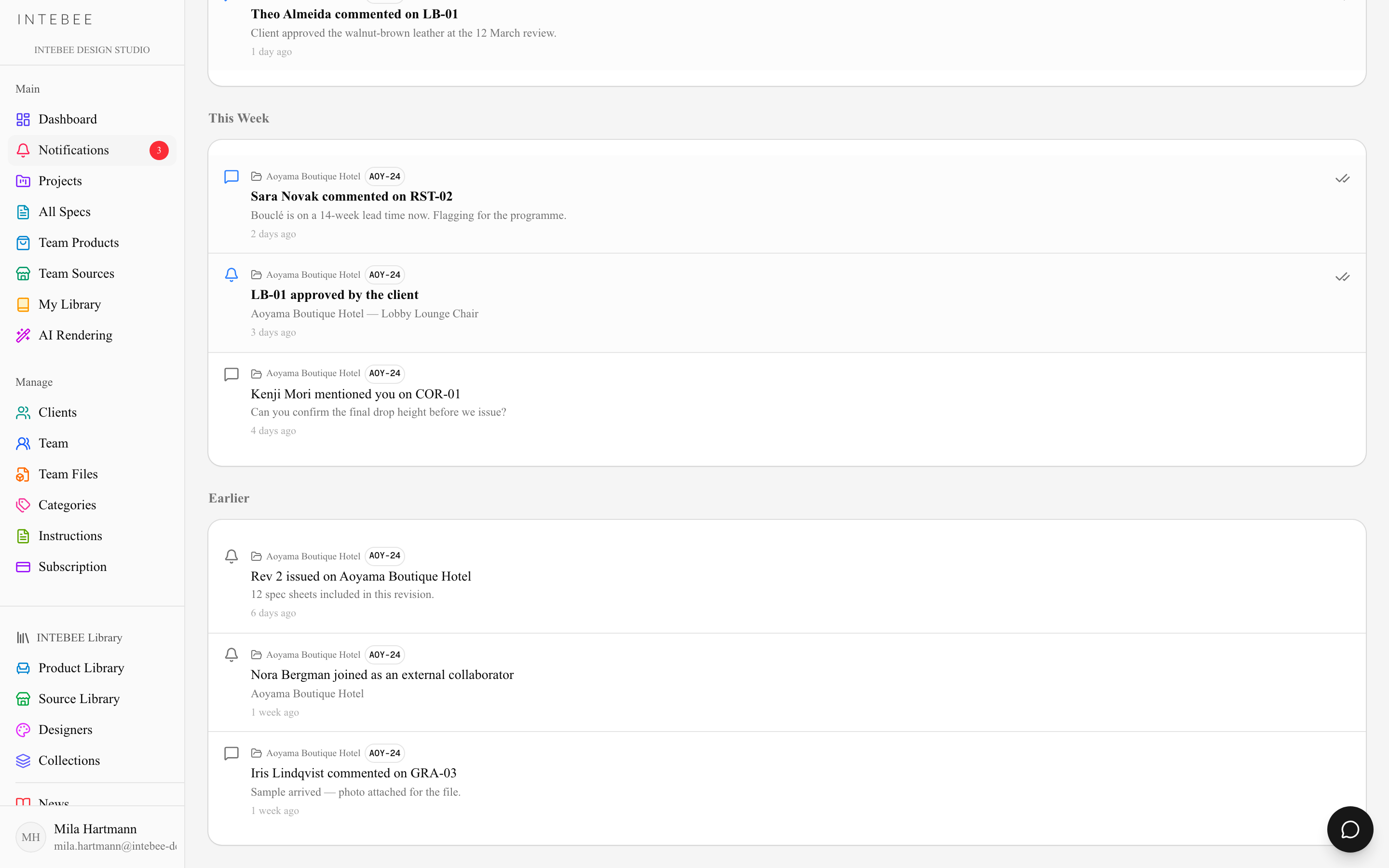 Older notifications, already read, further down the feed
