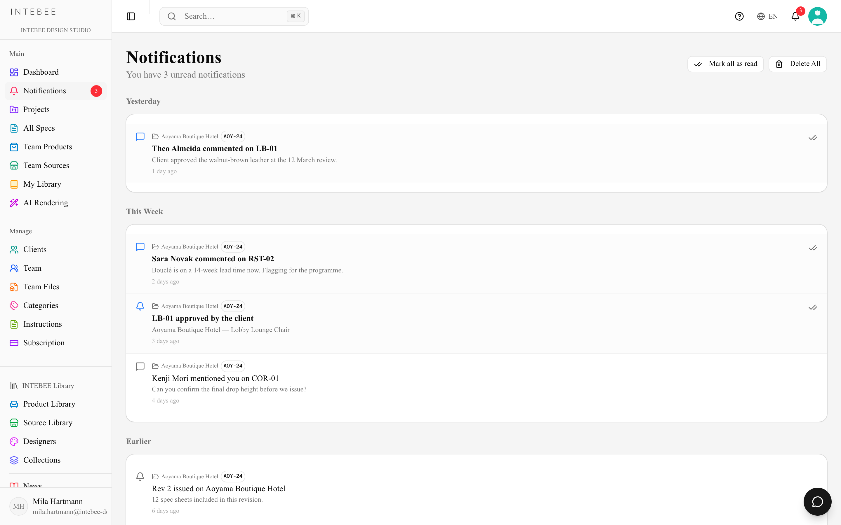 The Notifications page with comments, mentions and team activity