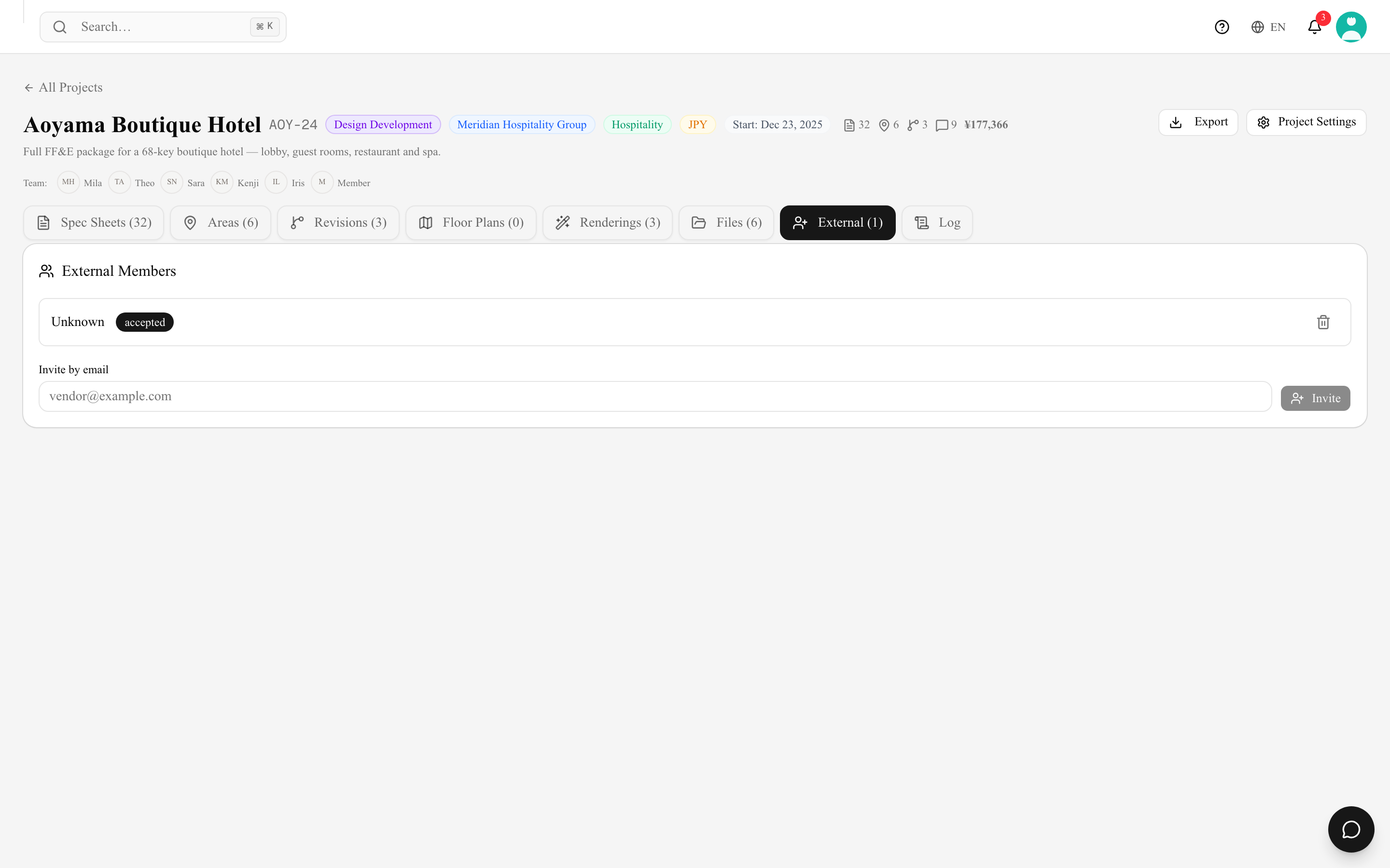 The project External tab where external collaborators are managed