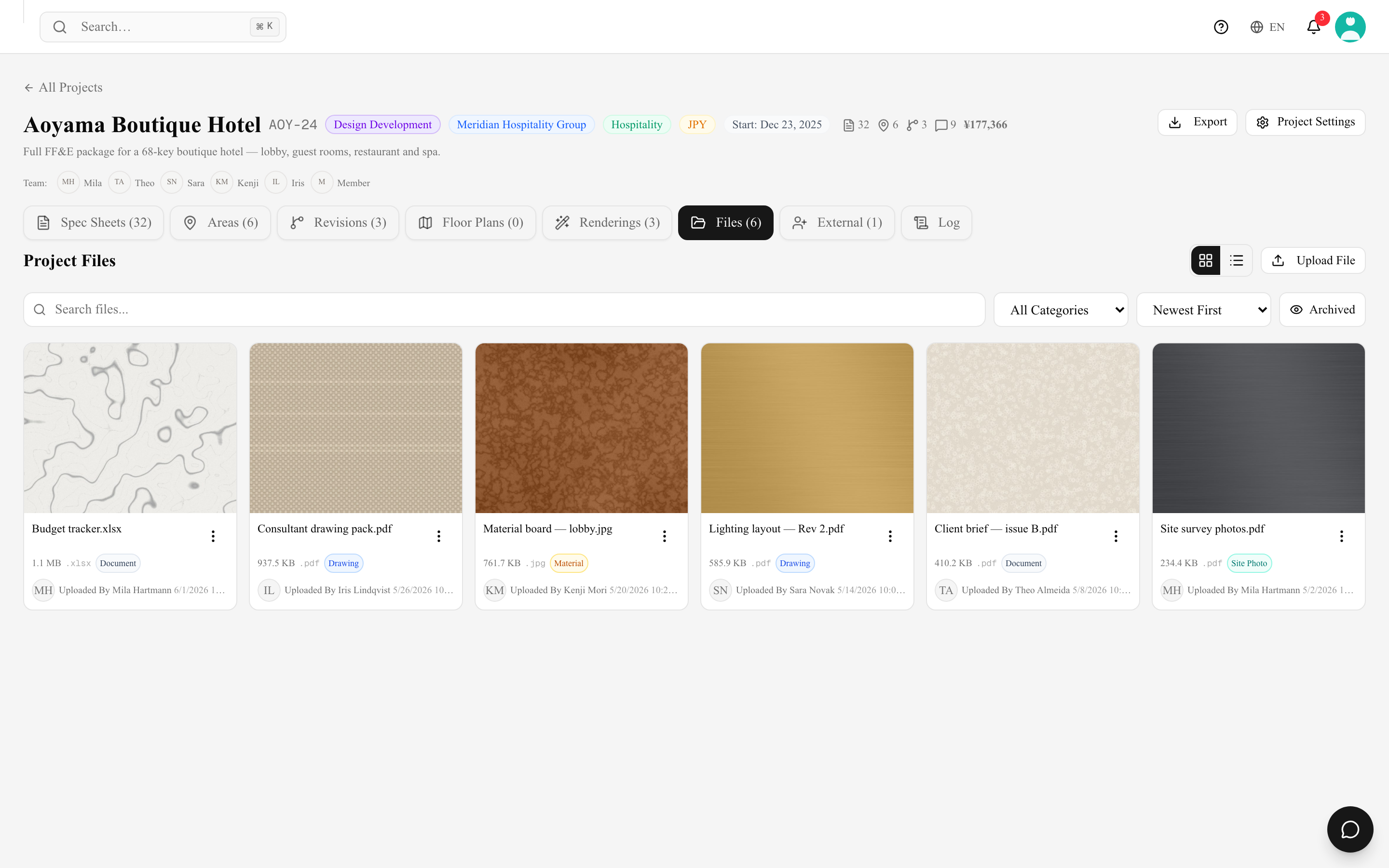 The Files tab of a project with job-specific documents