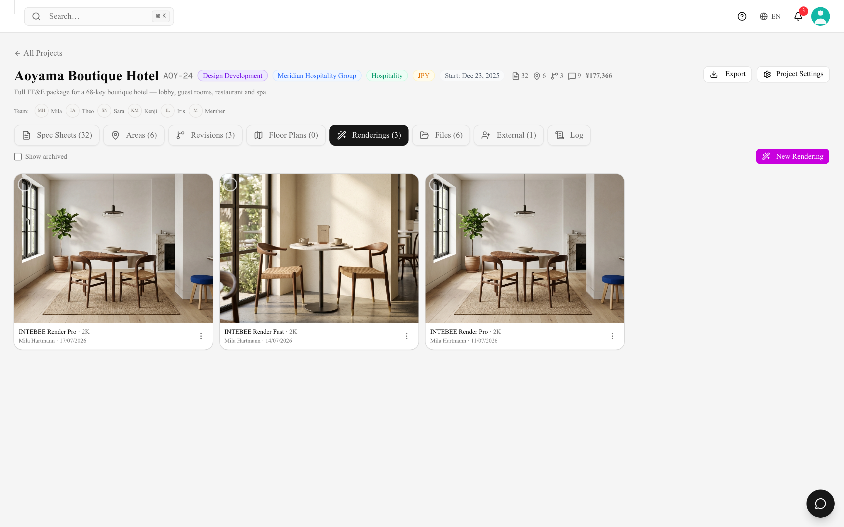 Renderings linked to a project, shown in the project's Renderings tab
