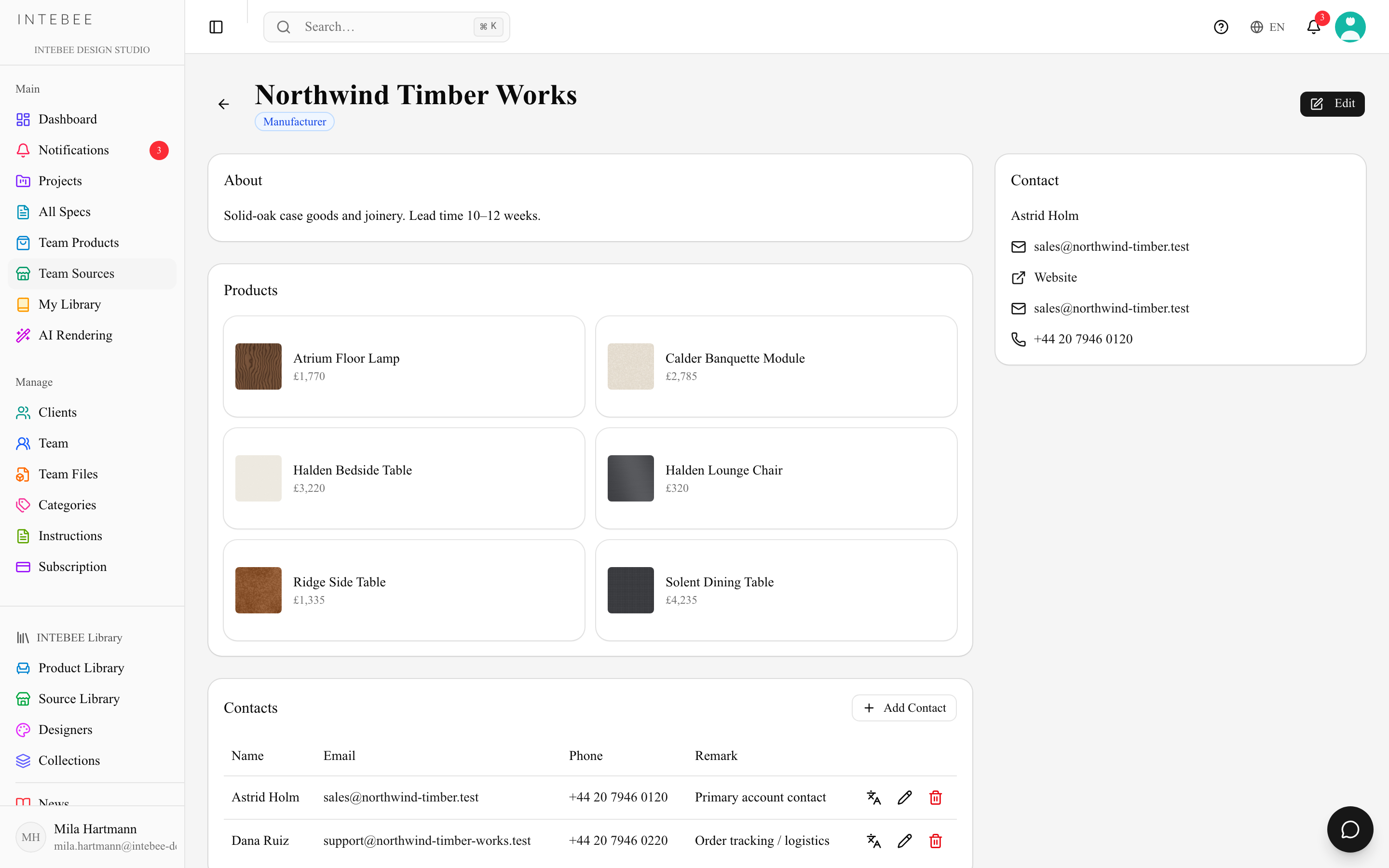 A source page with company profile, contacts and notes