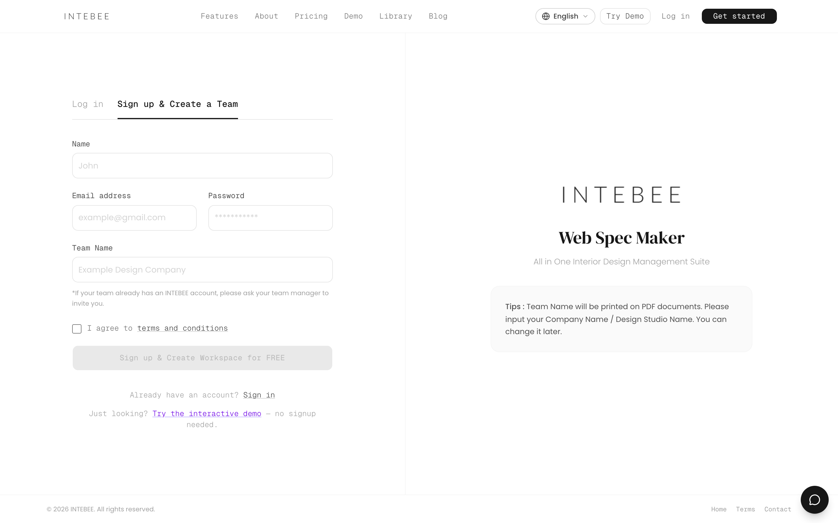 Le formulaire d'inscription INTEBEE demandant le nom, l'e-mail, le mot de passe et le nom d'équipe