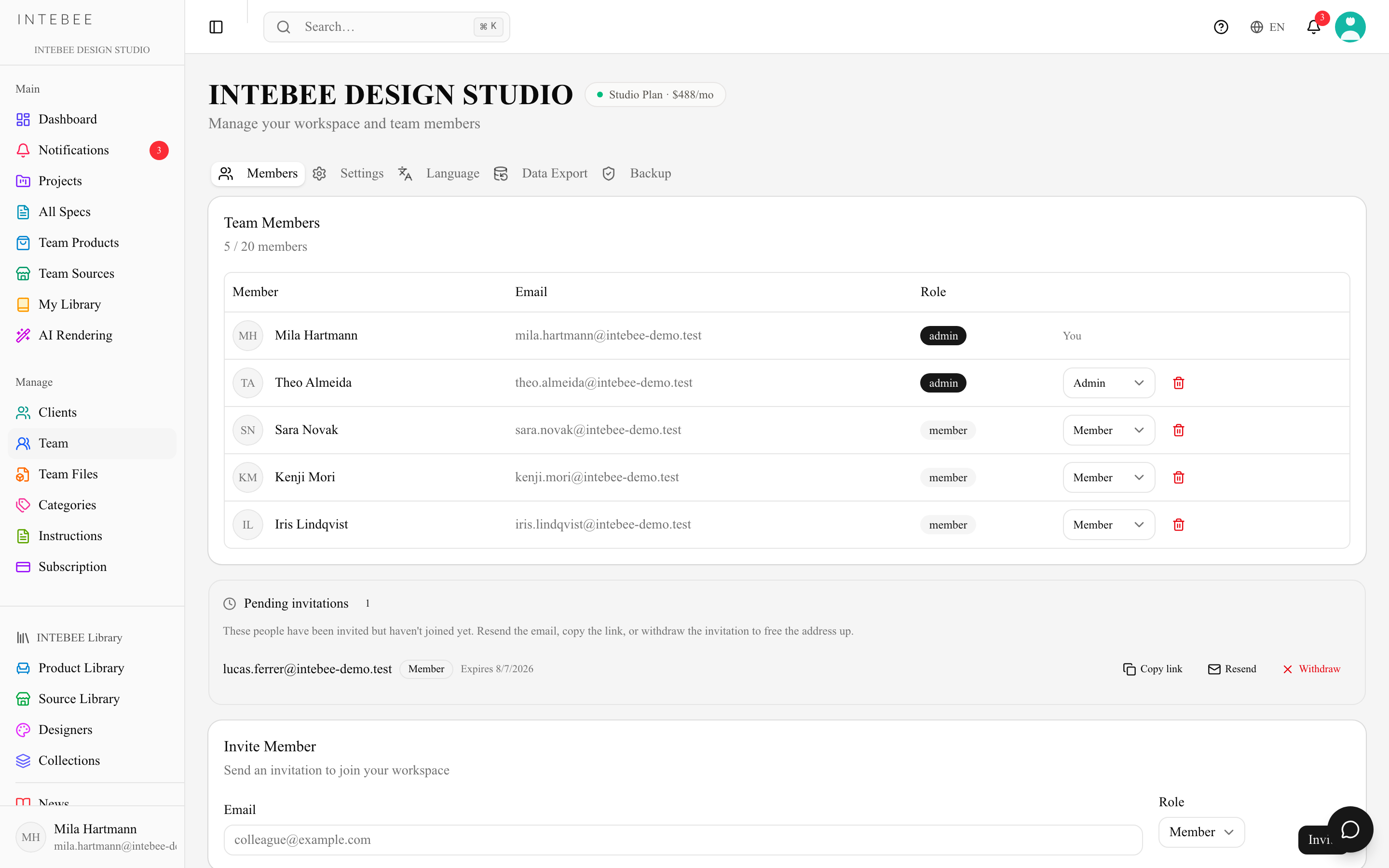Workspace members listed with their roles