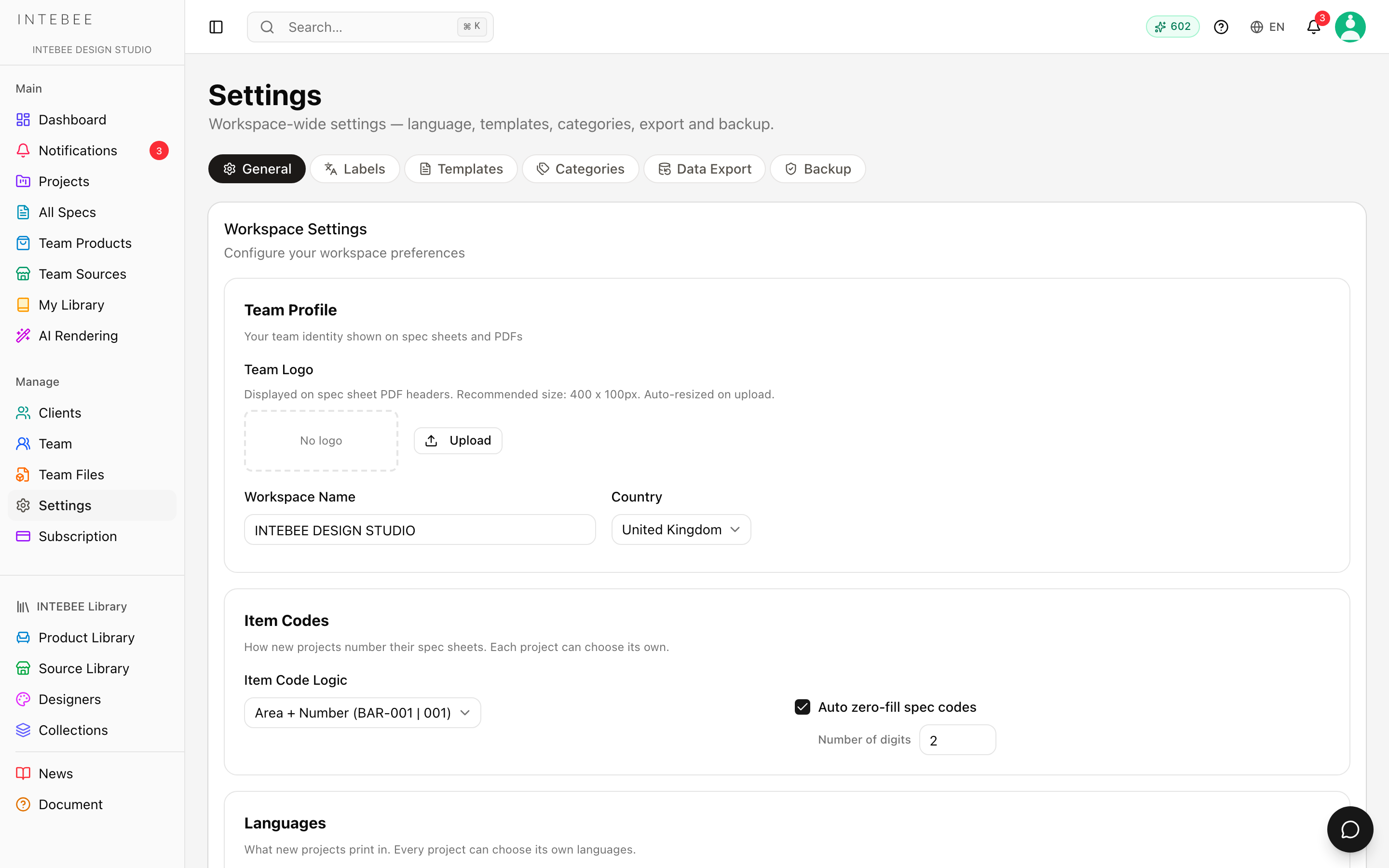 Der Einstellungsbereich, in dem Datenexport und Backup neben Allgemein, Beschriftungen, Vorlagen und Kategorien liegen