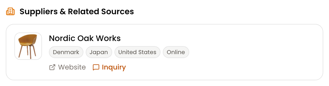 Supplier card with supply countries and inquiry button on an INTEBEE product page