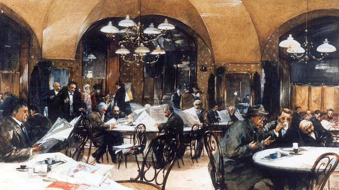 Painting of a coffeehouse interior with guests at round tables