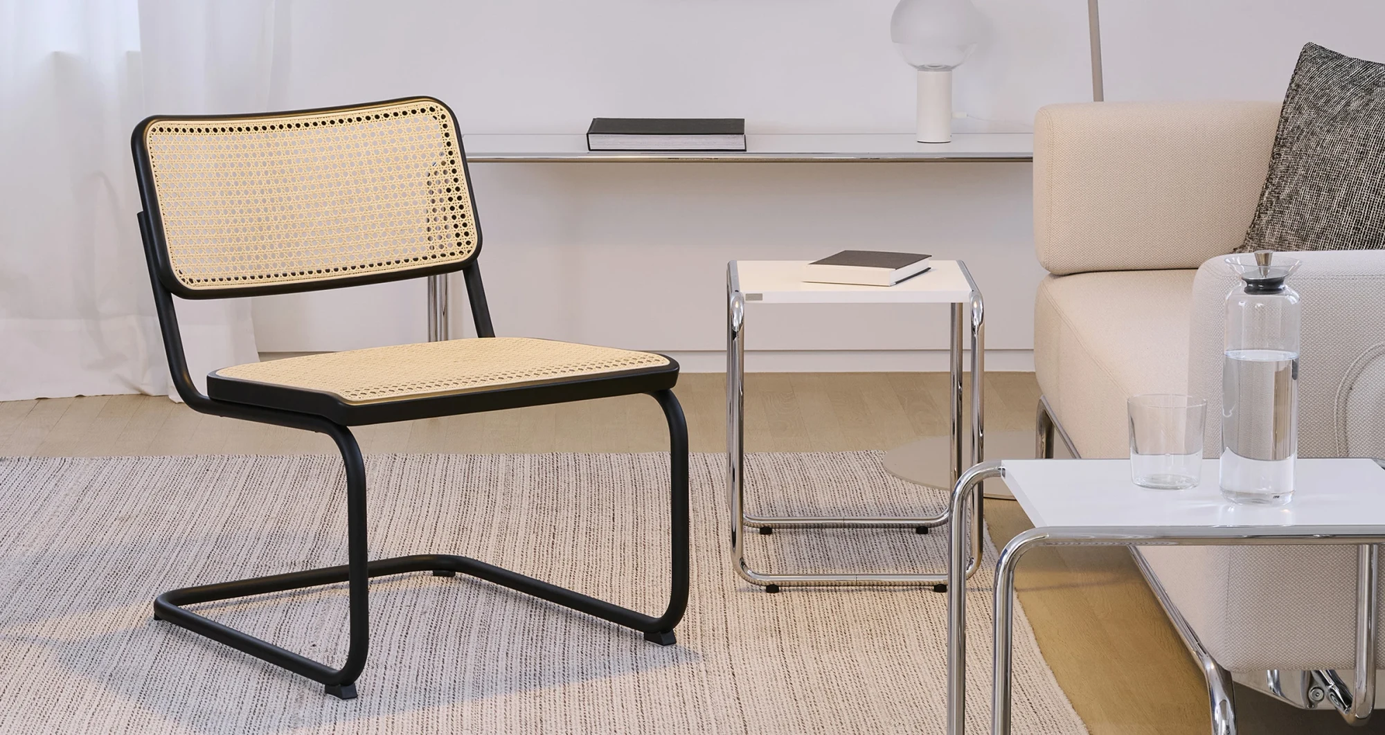 Thonet cantilever chair with cane seat in a living room