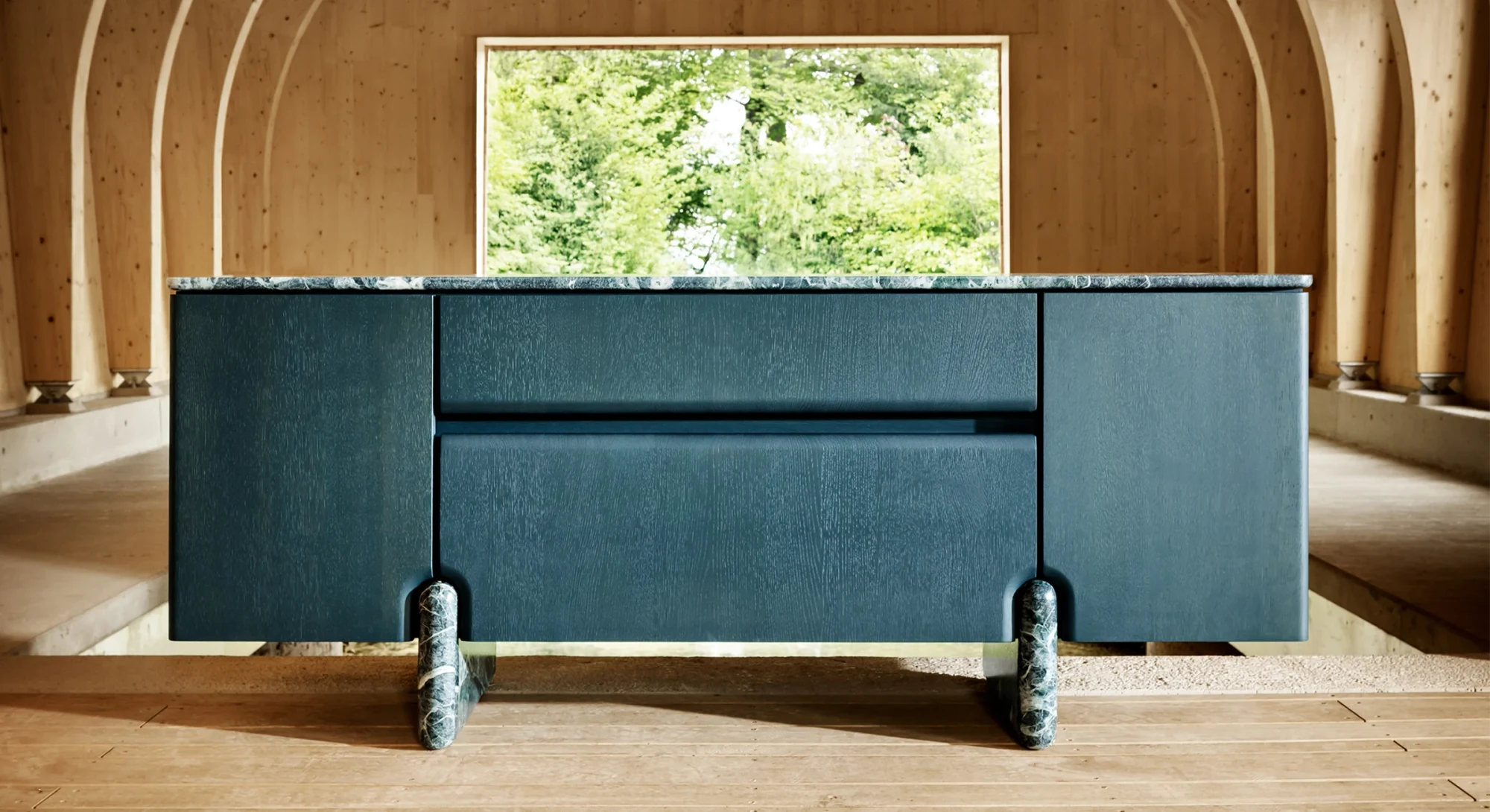 Zeitraum ONDE sideboard in a wooden boathouse interior