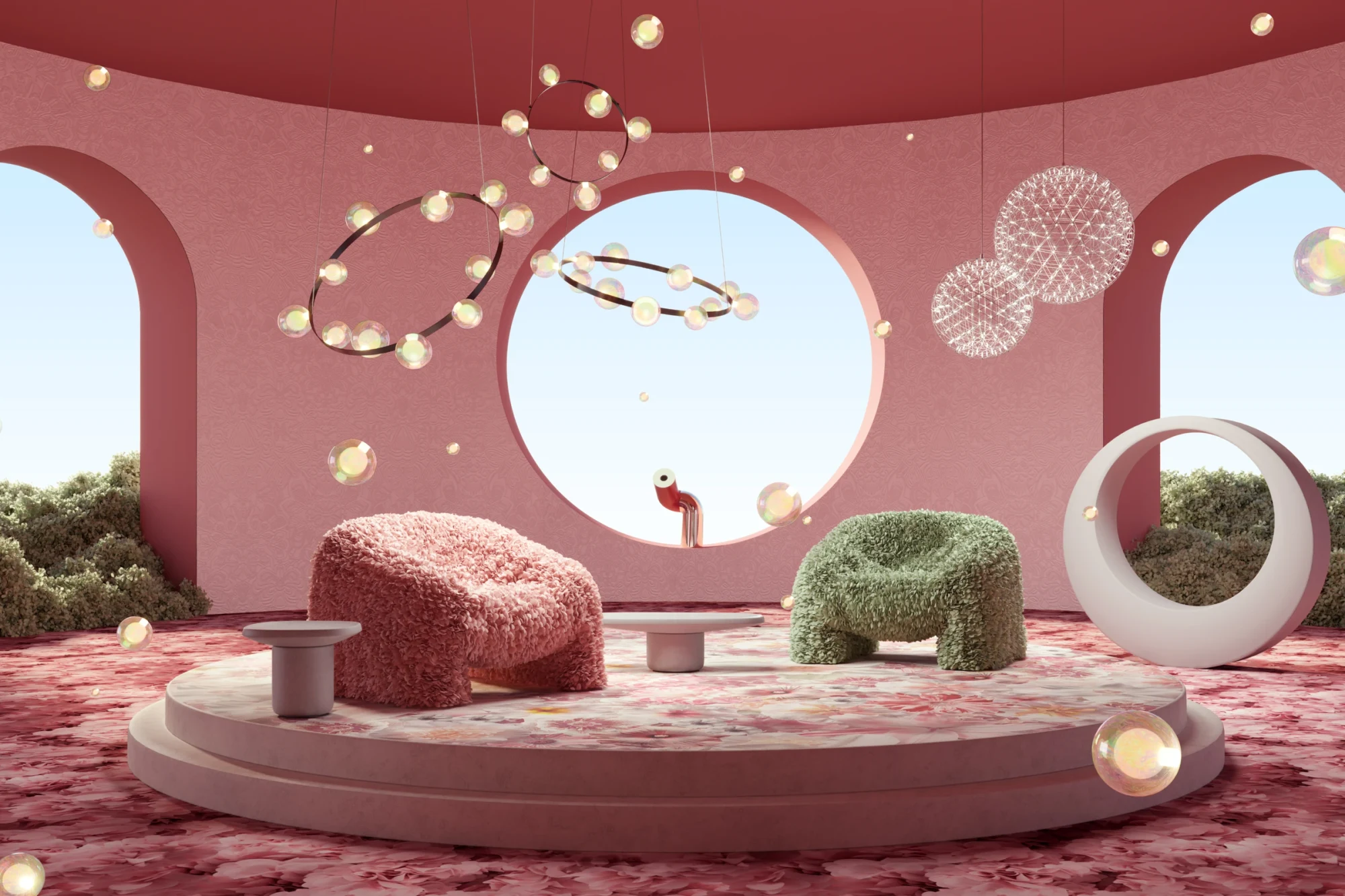 Moooi lamps, sculptural seating and rugs in a pink stage set