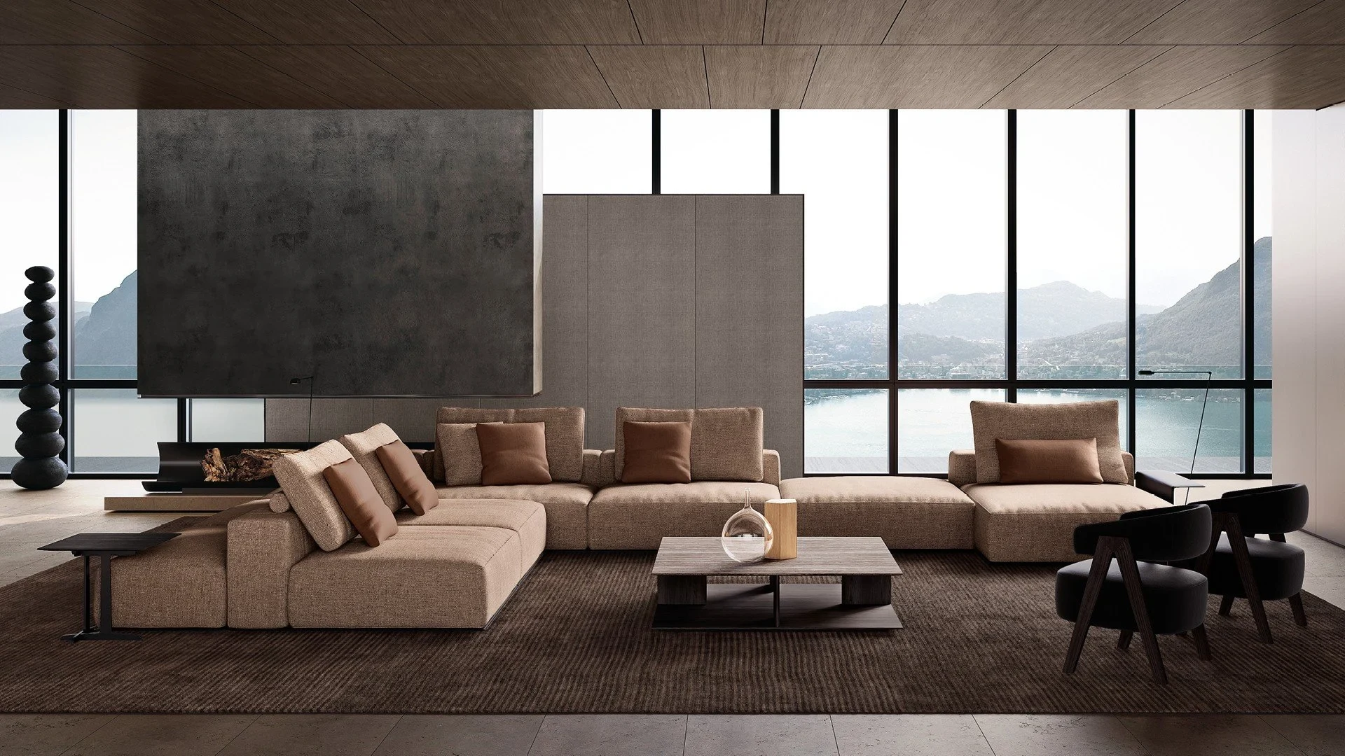 Poliform modular sofa in a living room with a lake view