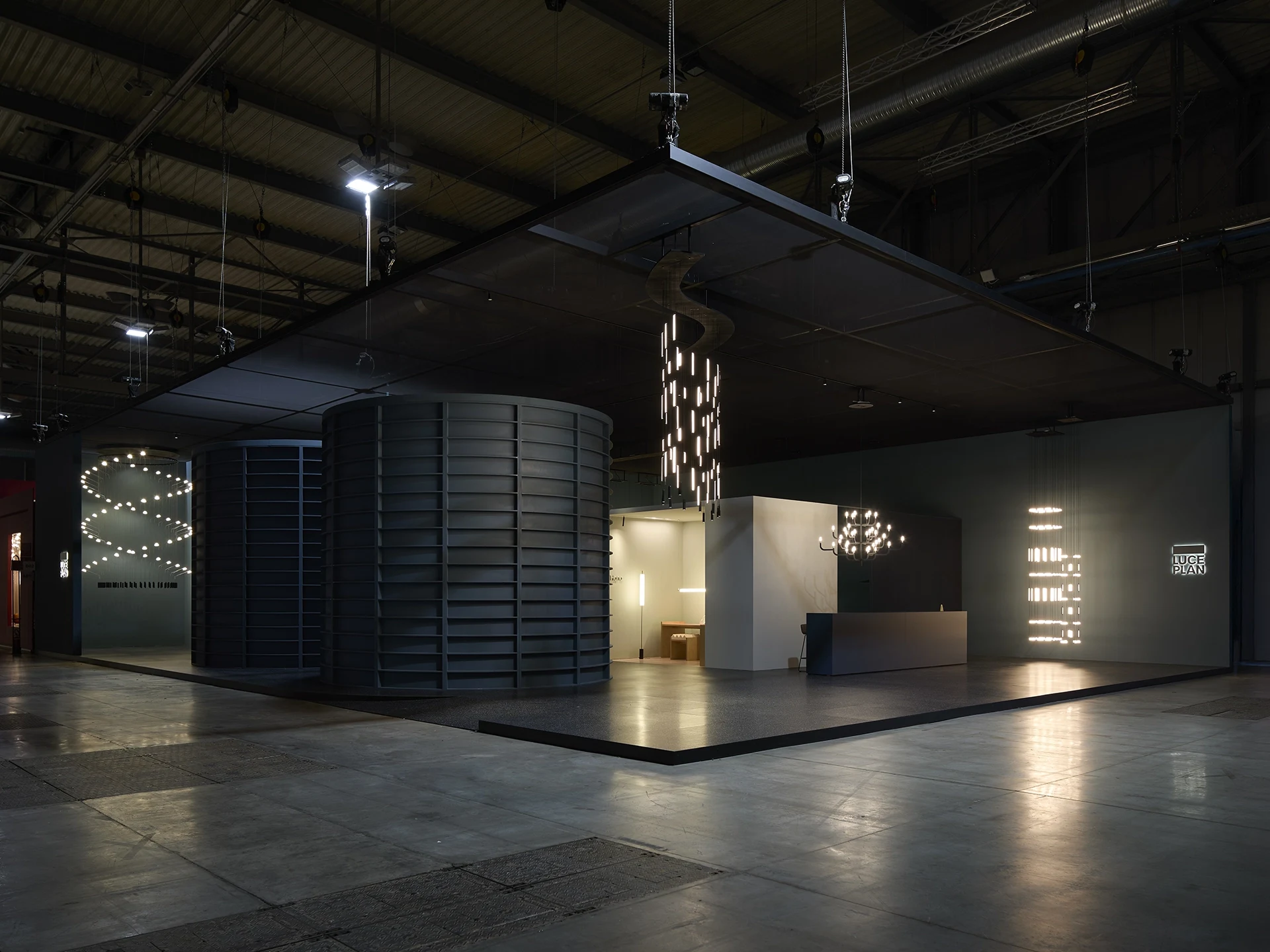 Luceplan booth with suspended lighting at Euroluce 2025