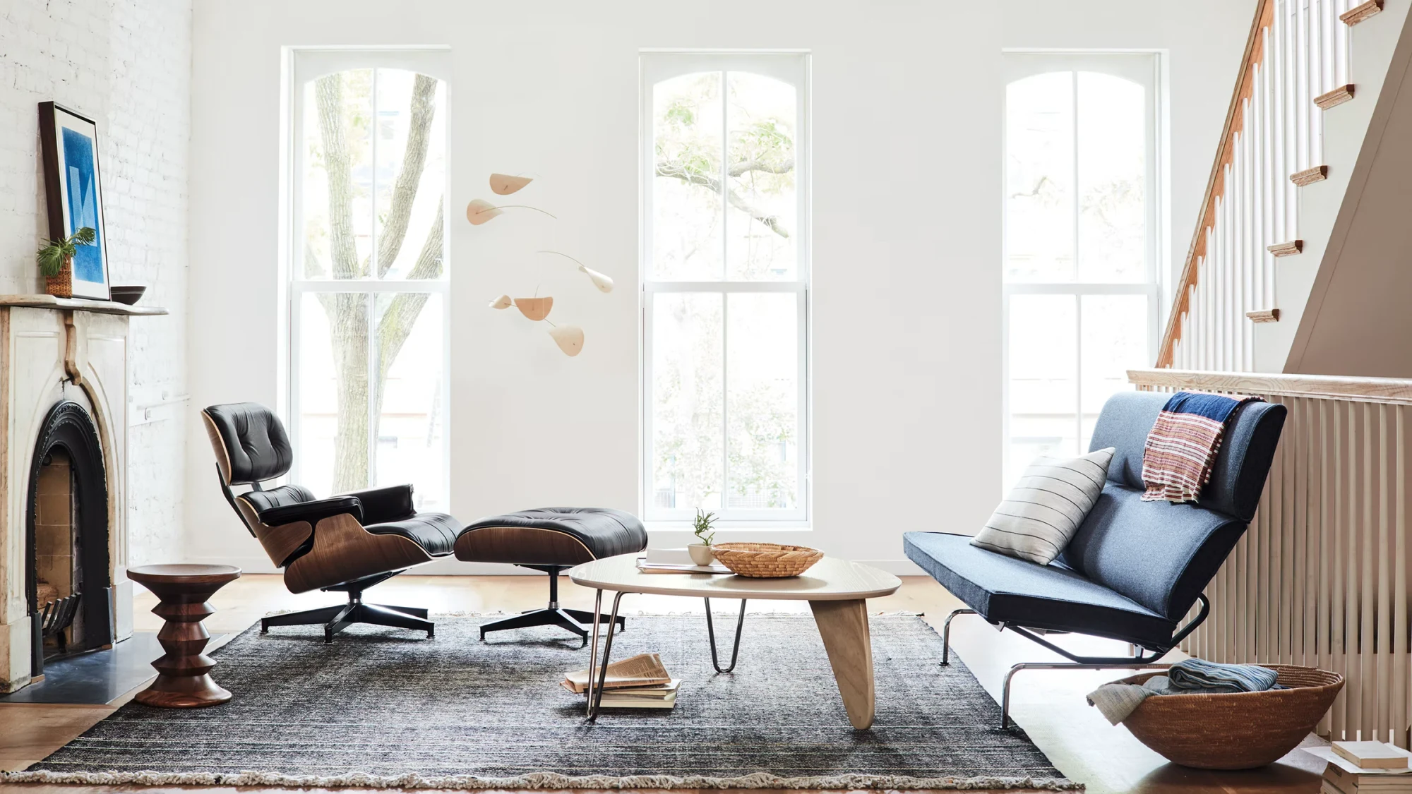Living room with an Eames lounge chair and ottoman