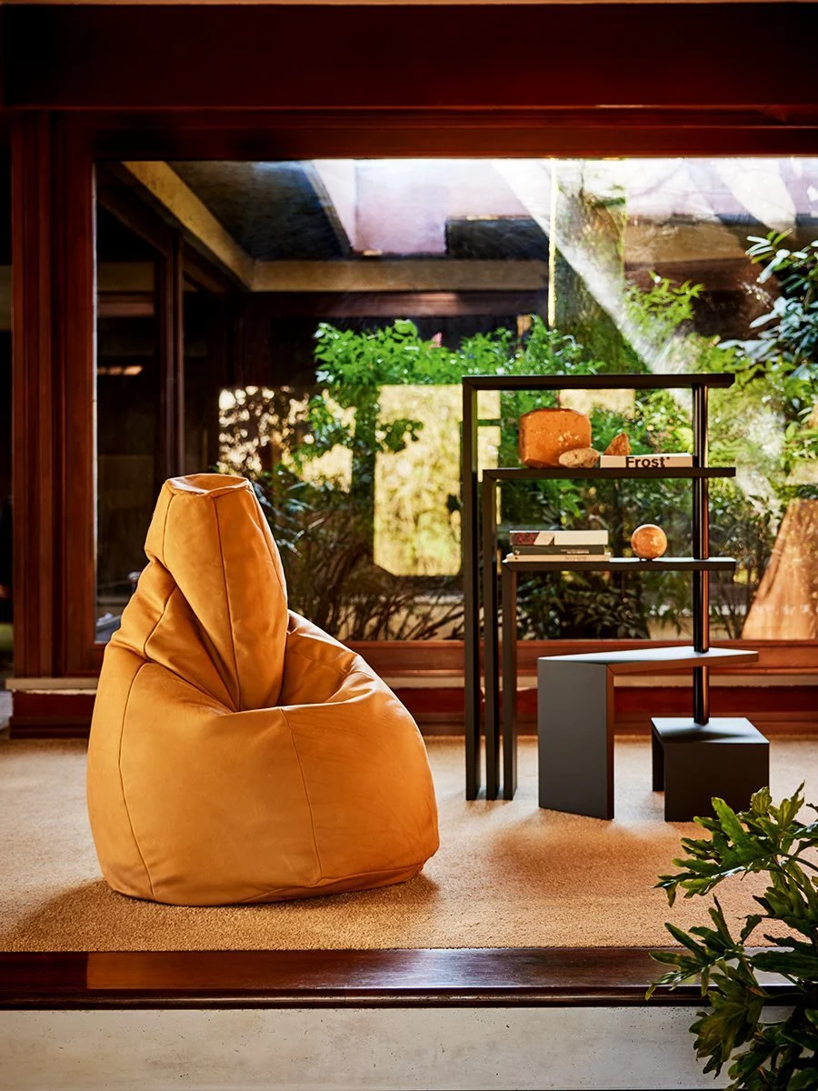 Zanotta bean bag chair beside a tall shelf in a room with a garden view