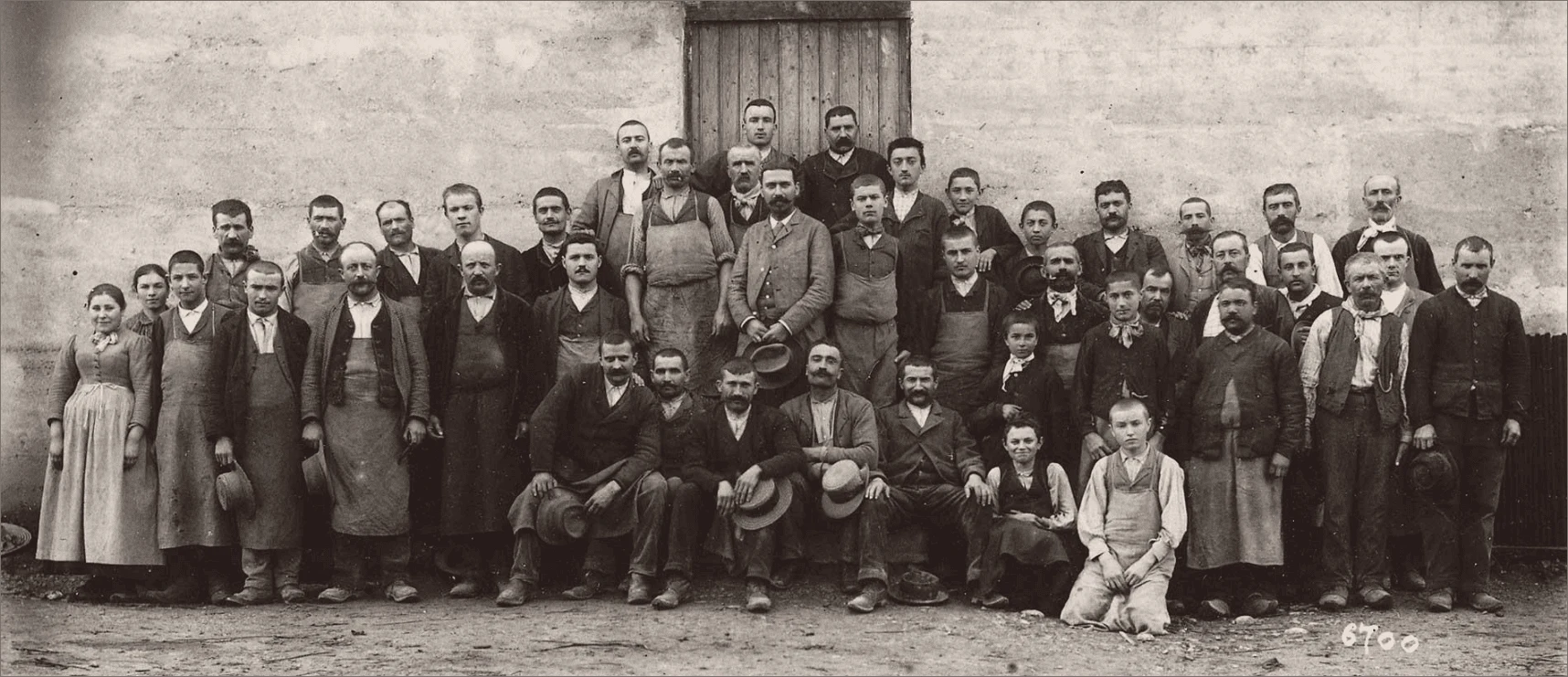 Archive photograph of Ligne Roset workers gathered outside