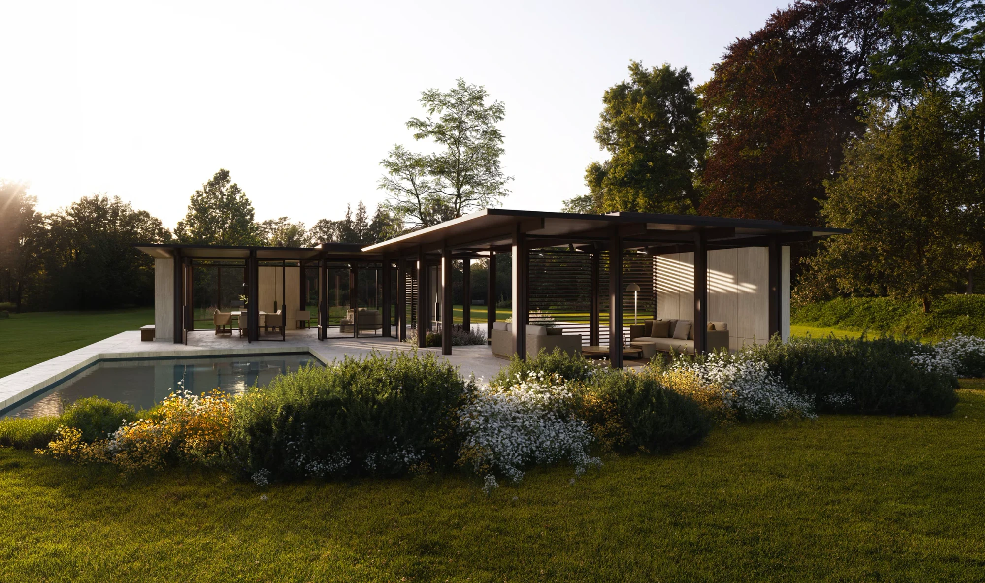 Kettal Pavilion outdoor structure beside a garden pool