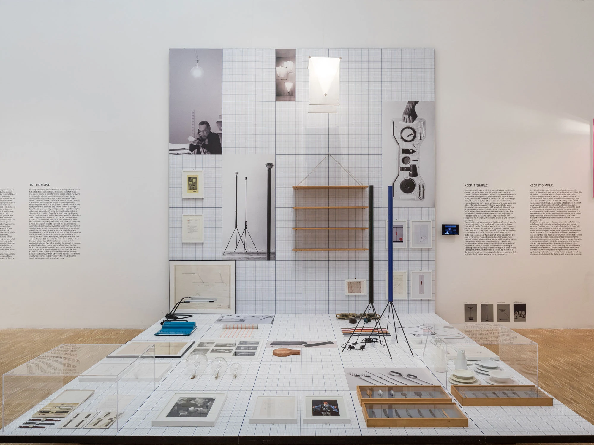 Flos exhibition display with archive documents, drawings and lamps