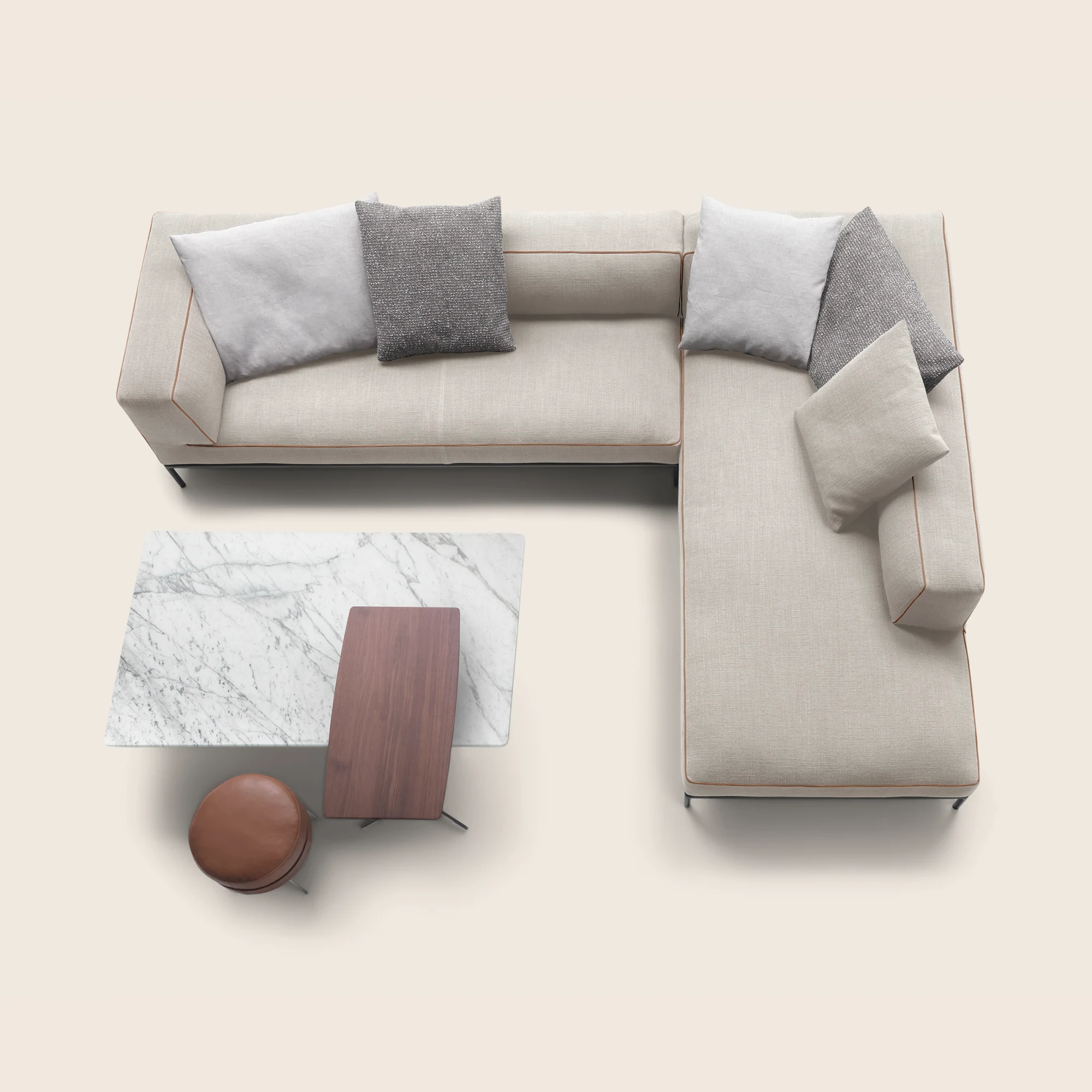 Perry Up sectional composition seen from above with a low table and a small side table