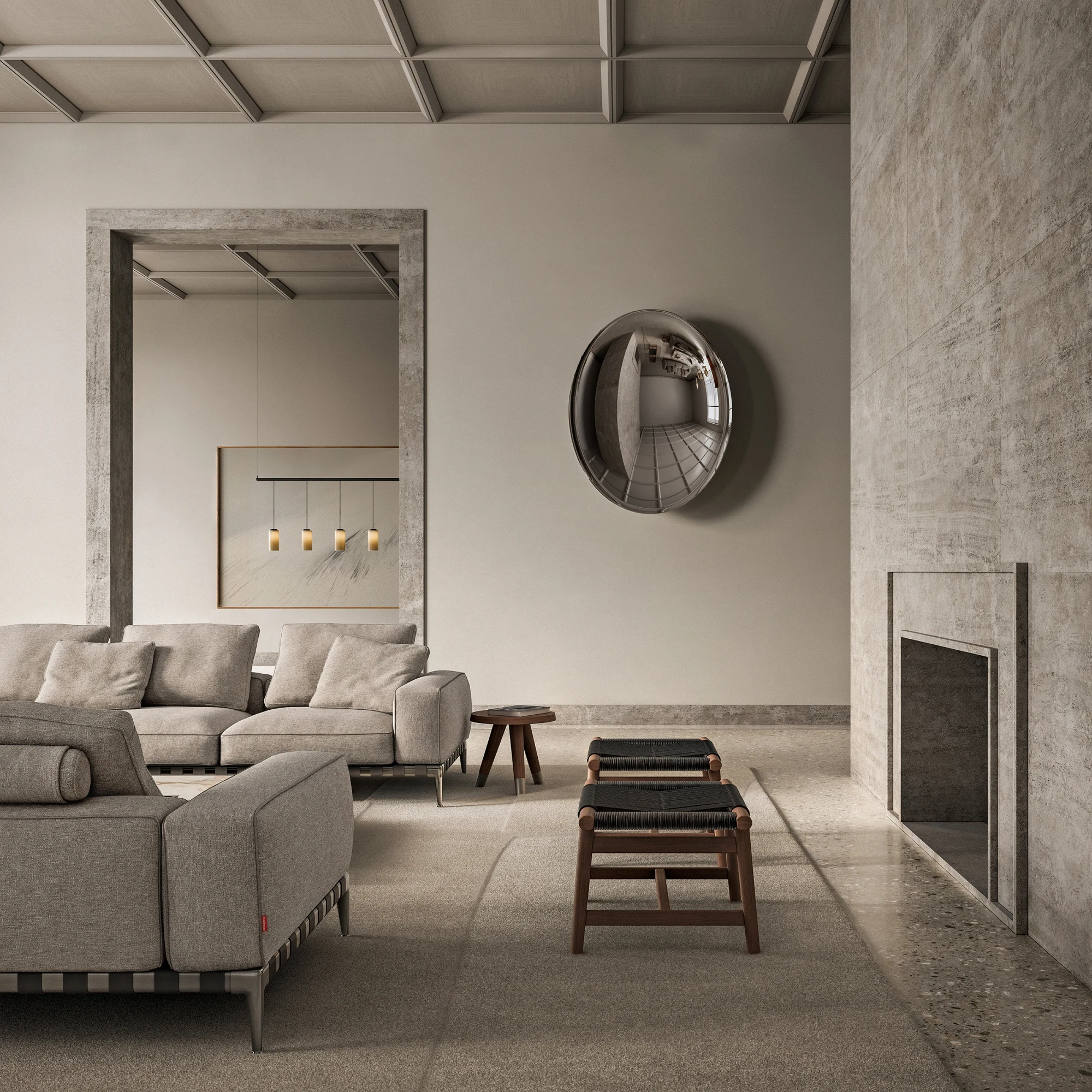 Gregory sofas in a large room with a fireplace and two stools