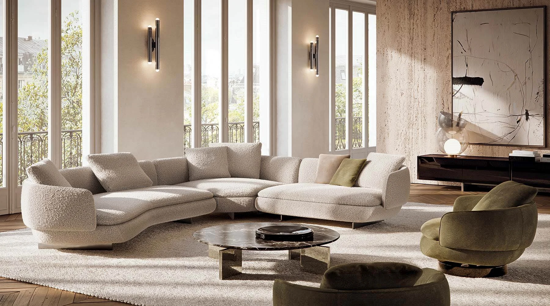 Vivienne sofa composition with a round coffee table and armchairs in a room with tall windows, official Minotti photo