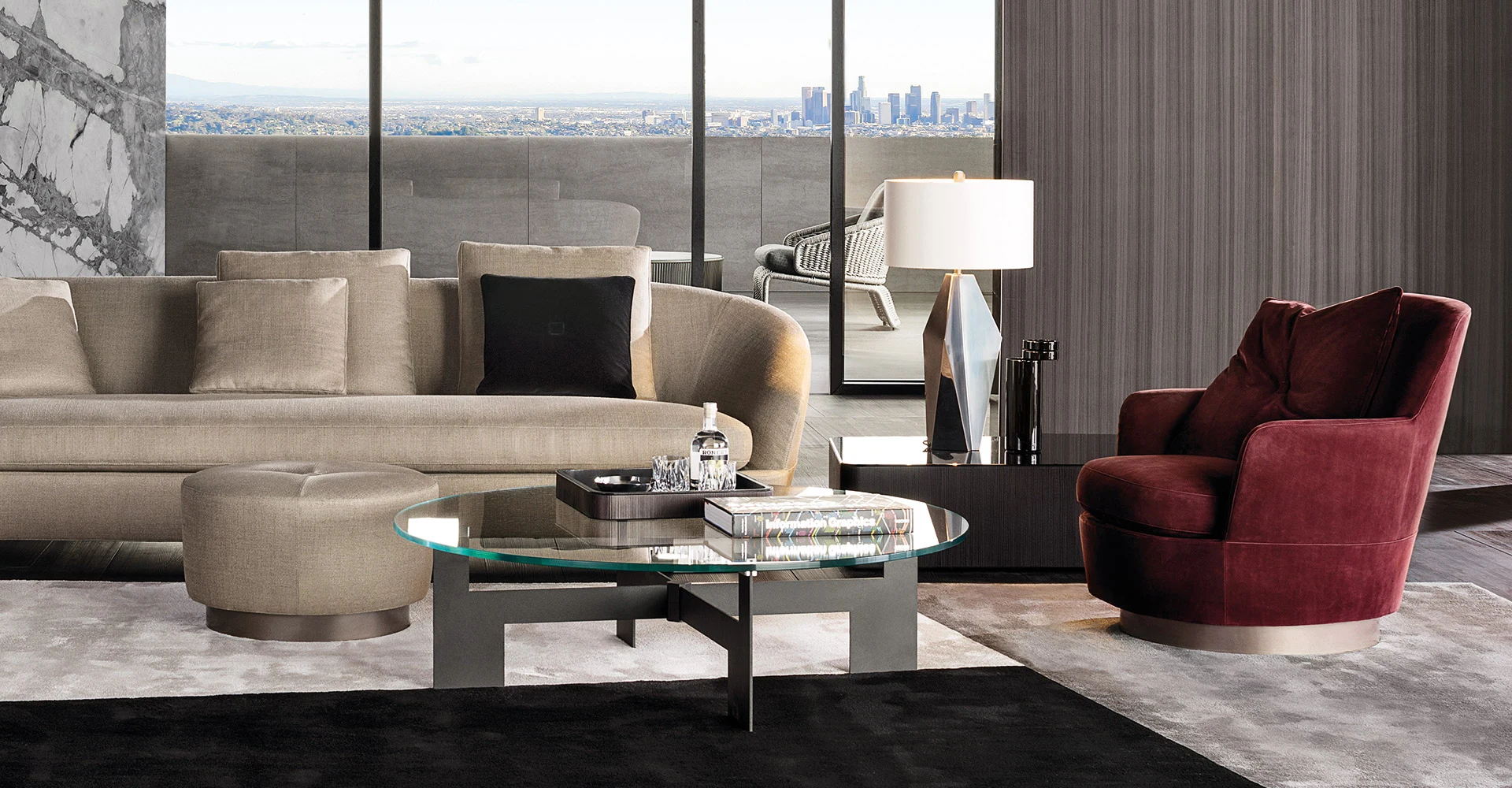 Sofa, ottoman, low table and armchair, official Minotti photo