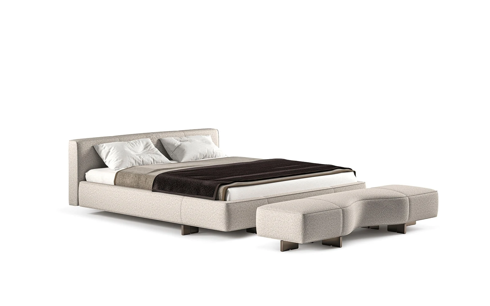 A bed with a headboard and two benches on a plain background, official Minotti photo