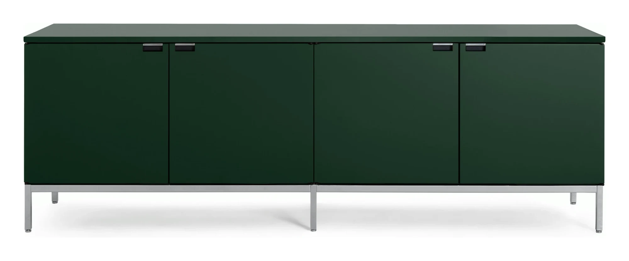 A low cabinet with four doors on a slender metal base