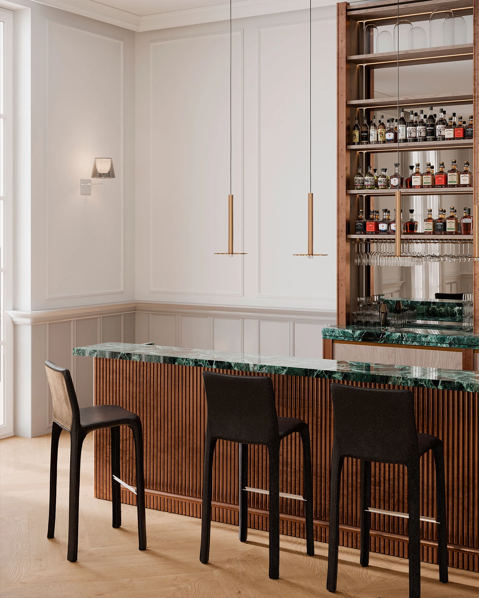Cassina 官方展示空间中吧台旁的黑色凳子