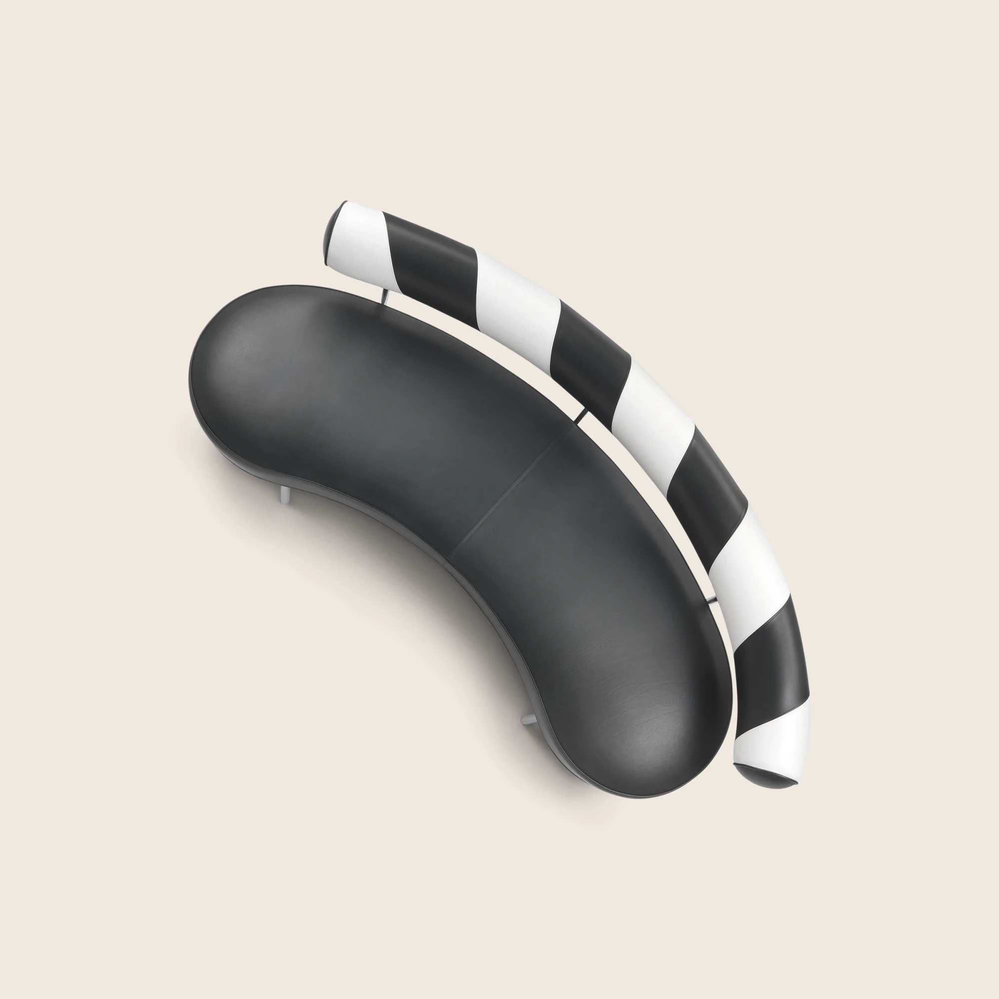 Max sofa seen from above, kidney-shaped seat with striped back roll