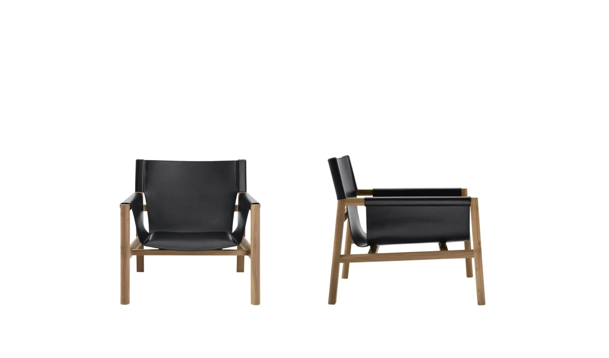 Two armchairs with a wood frame, one seen from the front and one from the side, on a plain background