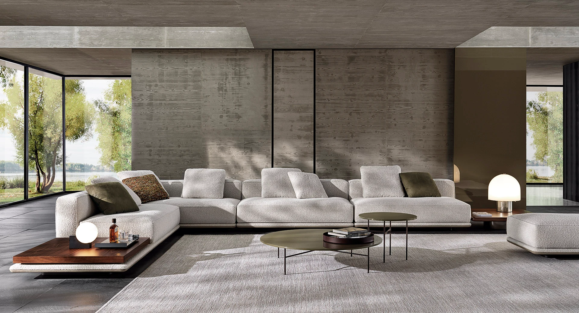 Horizonte sofa with a chaise element and a top on the base, in a room, official Minotti photo