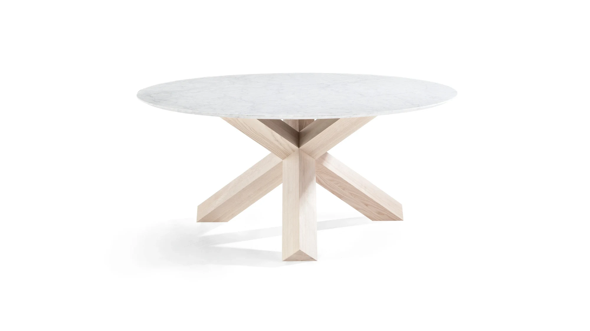 A round table with a pale top on a light wooden cross-shaped base, seen on a white background
