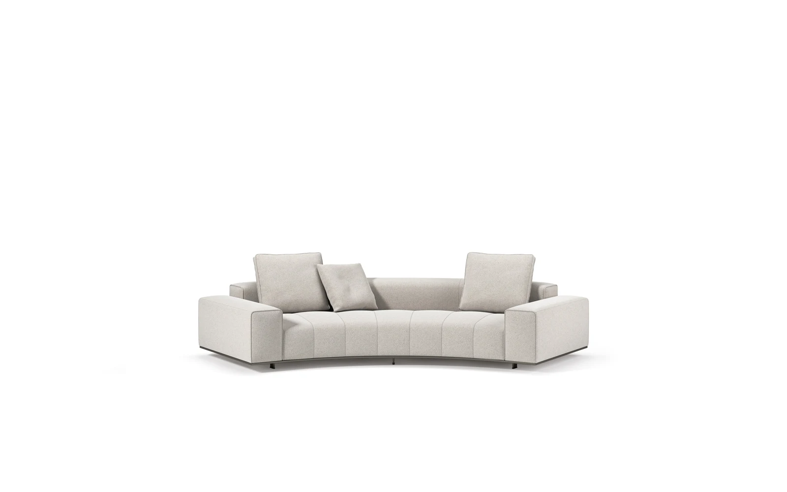 Curved light fabric sofa with two cushions on a white background, official Minotti studio image