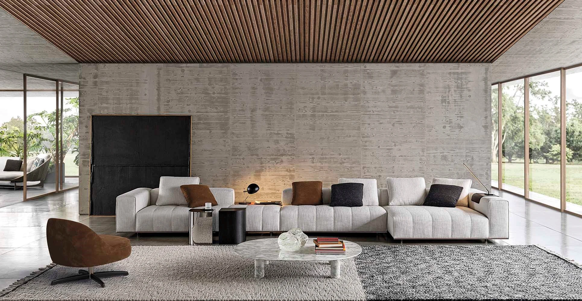 Goodman sofa with cushions in a room with a slatted ceiling, official Minotti photo