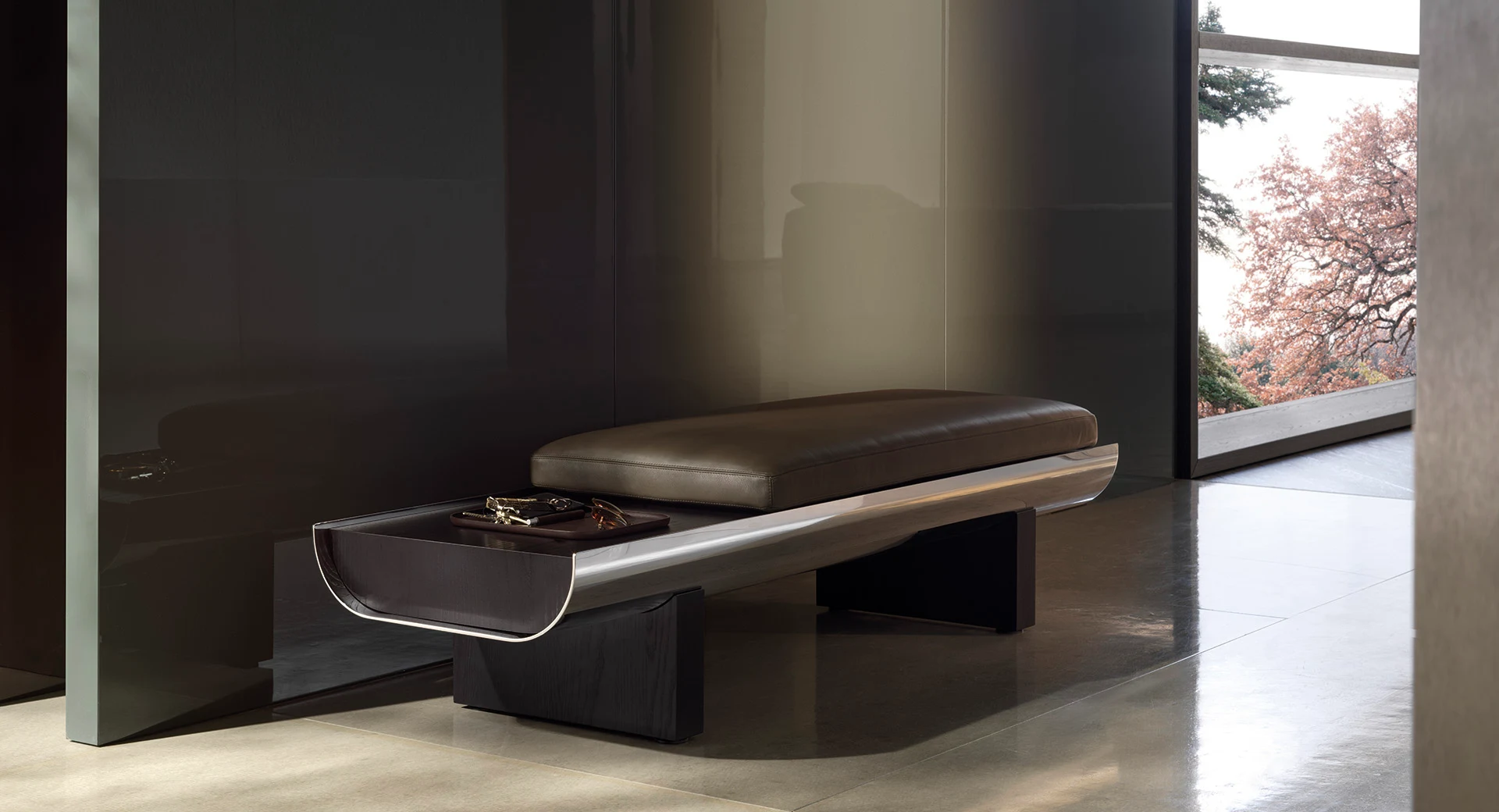Pilotis Bench with its cushion, wide photo