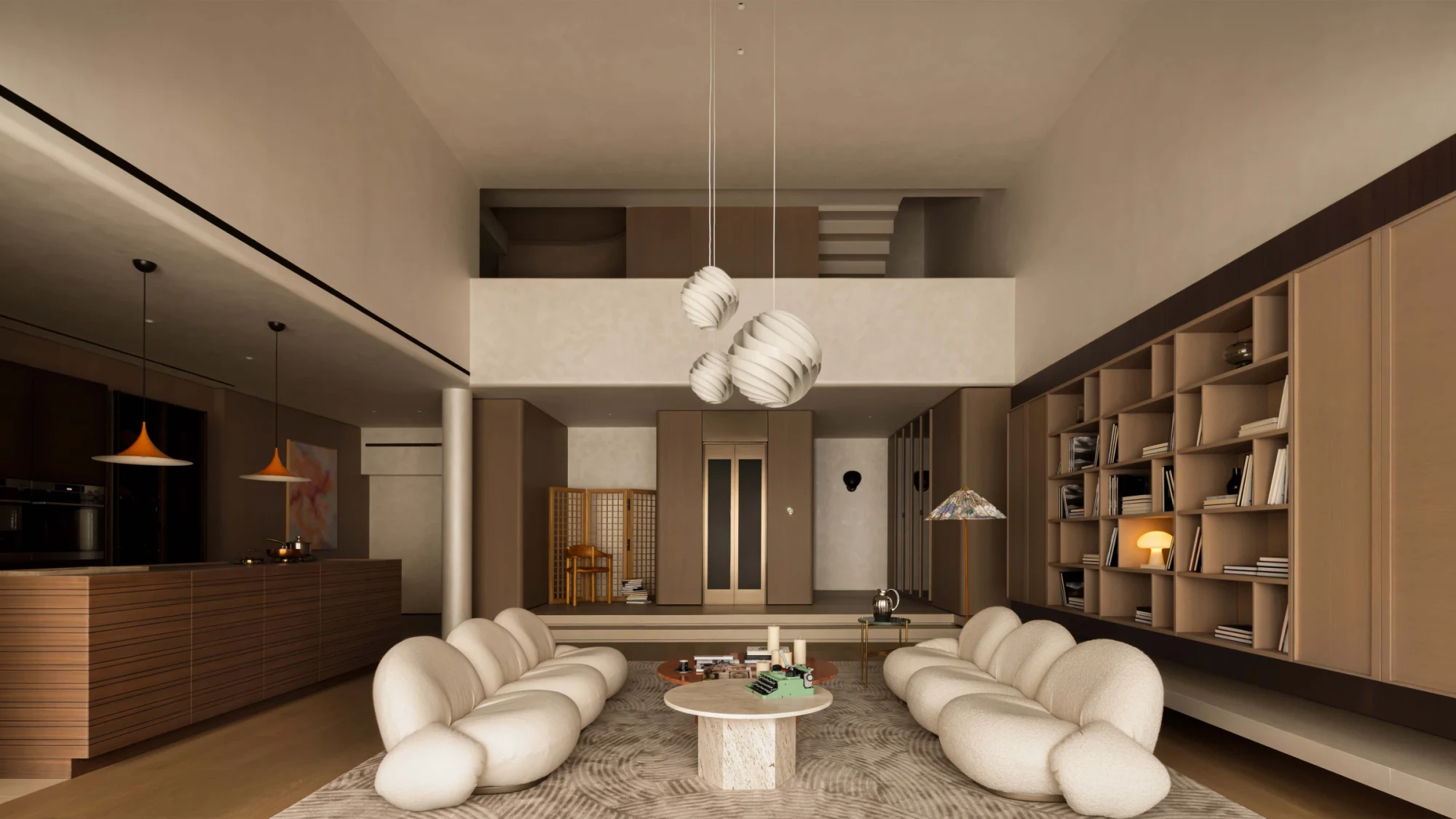 A large room with several rounded sofas, a low table and pendant lamps
