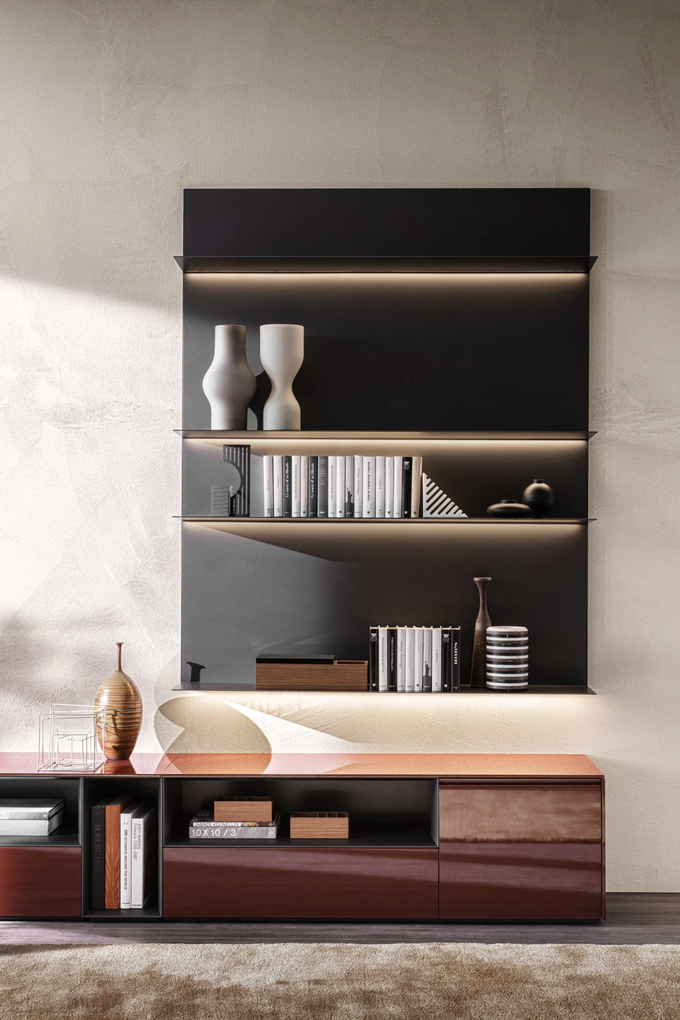 Tall wall composition with a low unit beneath