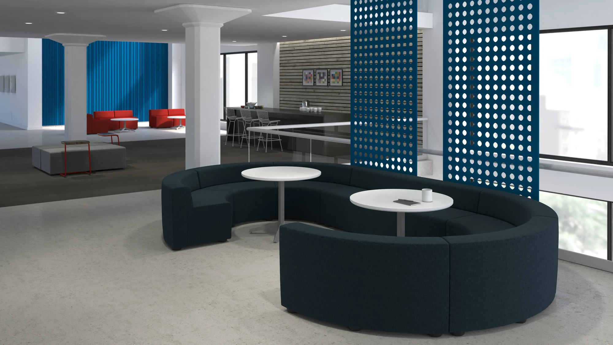 A workplace arrangement of k. lounge elements