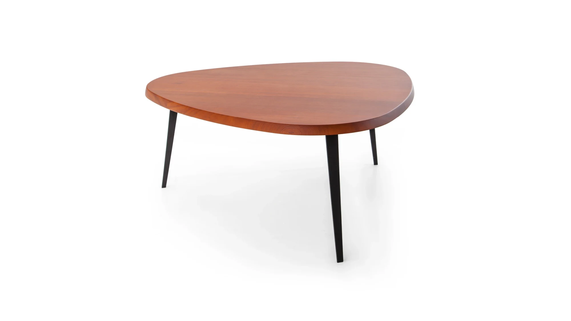 Three-legged table with a rounded triangular top on a white background