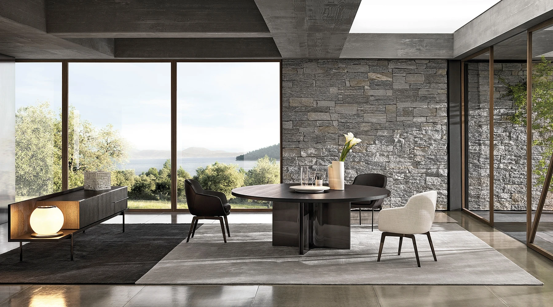 Interior view of Marvin's sculptural bases and rounded-corner top