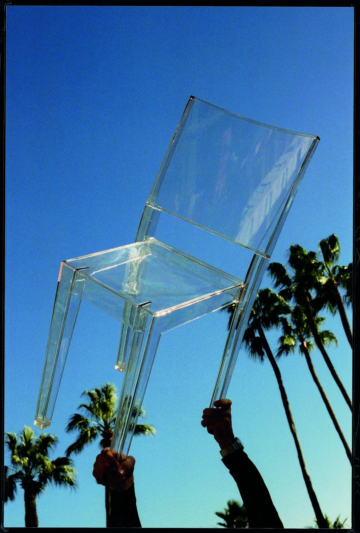 A transparent chair held up between palm trees